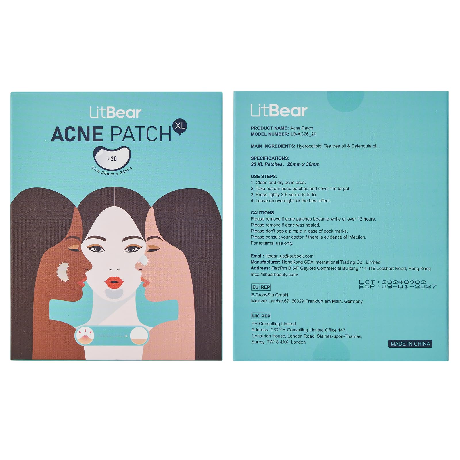 Litbear Acne Patches Large, Hydrocolloid Pimple Patches For Large Breakouts, Zit And Blemish, Large Acne Patches For Face, Chin,
