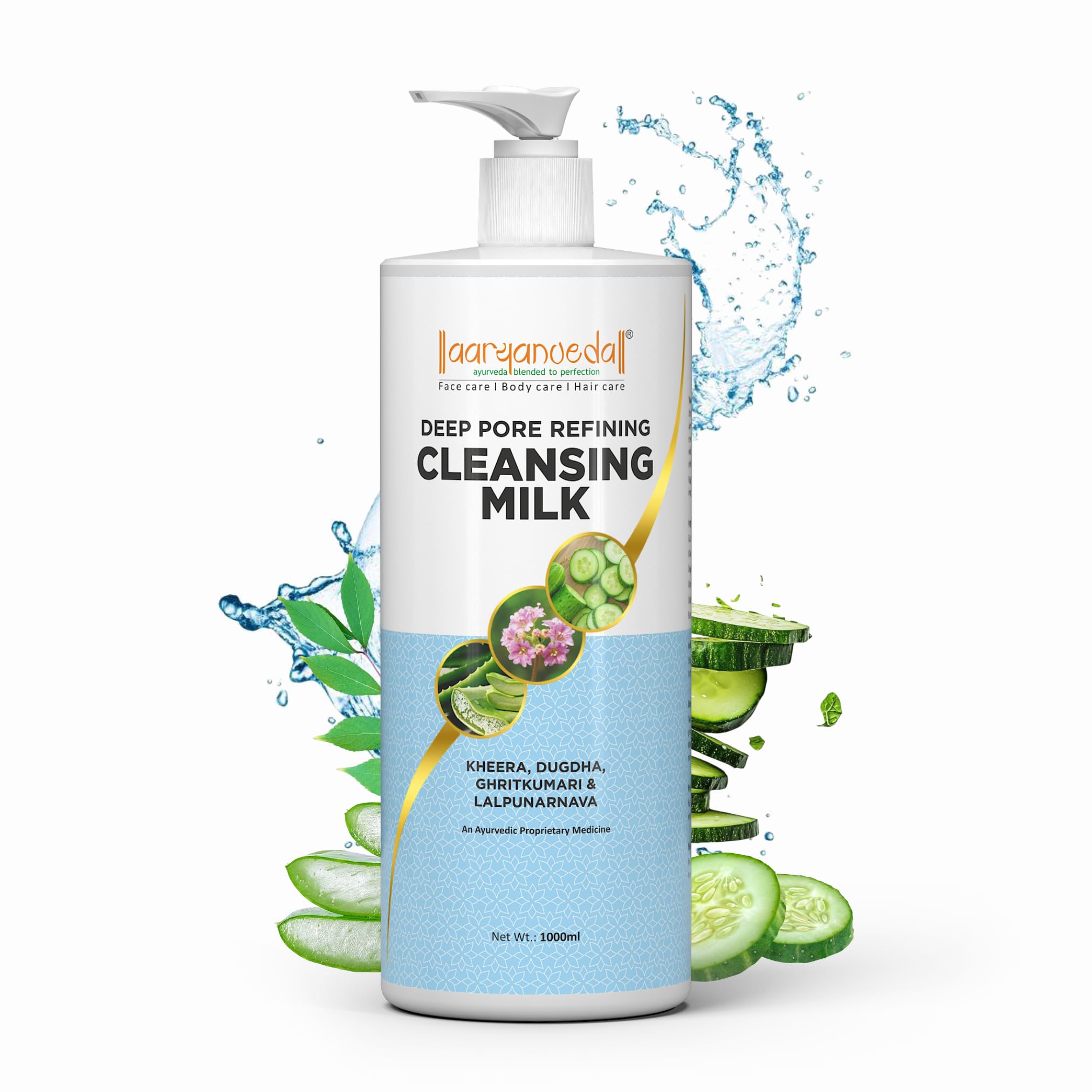 Aaryanveda Cleansing Milk 1000Ml - Deep Pore Cleanser With Kheera, Ghritkumari, Dugdha & Lalpunarnava | Hydrates, Refreshes & Ti
