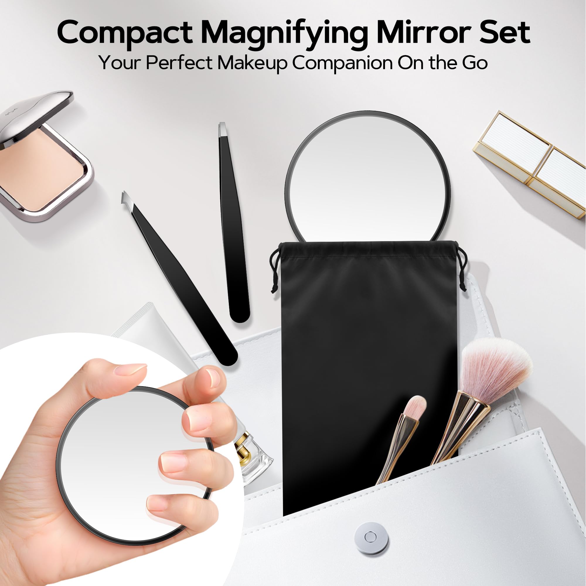 MIYADIVA Magnifying Mirror Set, 20x&30x&40x Suction Cup Makeup Mirror, 2 Tweezers & Storage Bag, 3.5 Inch Compact Mirror for Tra