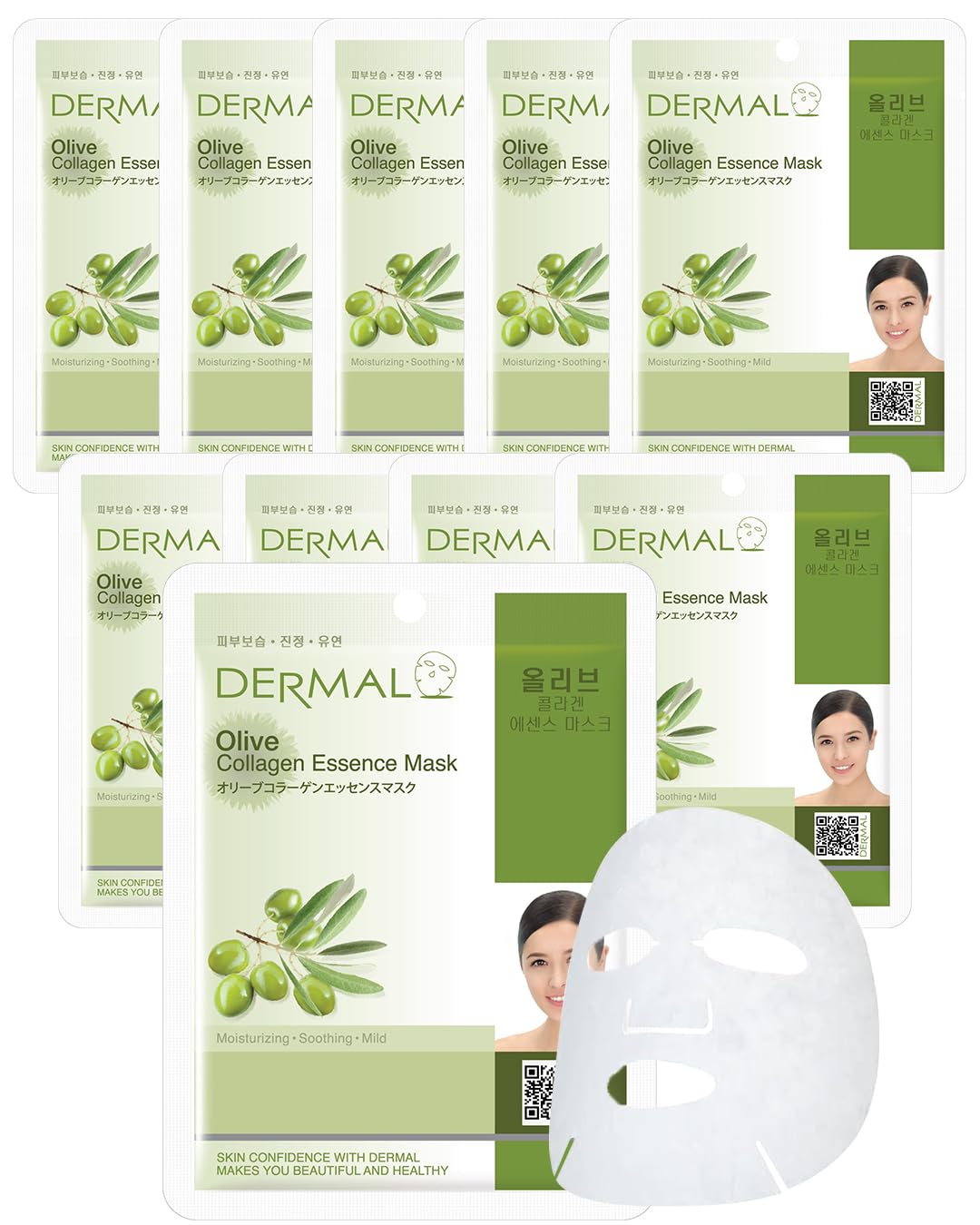 Dermal Olive Collagen Essence Korean Facial Mask Sheet Pack Of 10 - Nourishing, Deep Hydration, Reduces Fine Wrinkles - Hypoalle