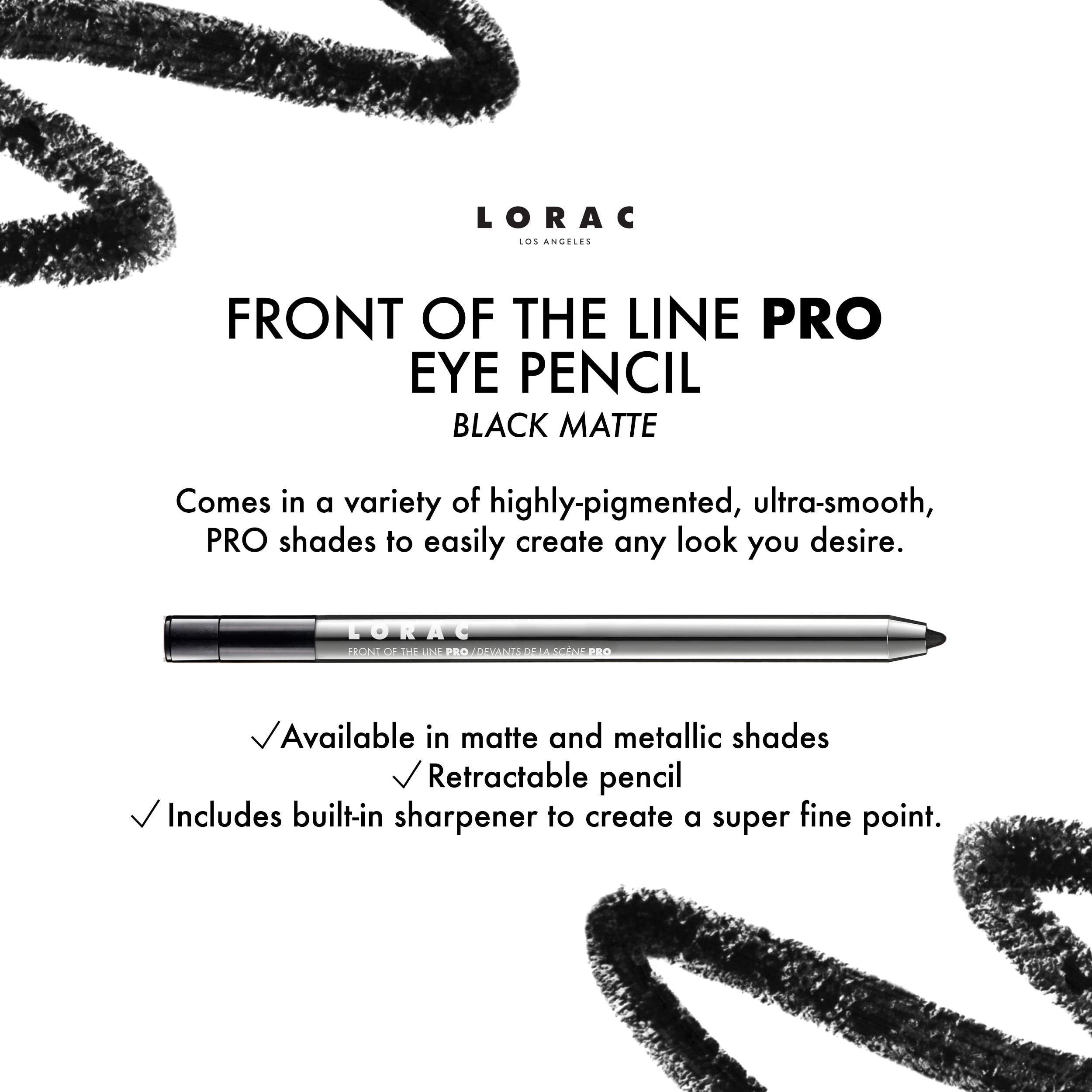 Lorac Front Line Pro Waterproof Eyeliner Pencil, Black Matte| Long Lasting| Makeup Pencil Sharpener | High-Precision