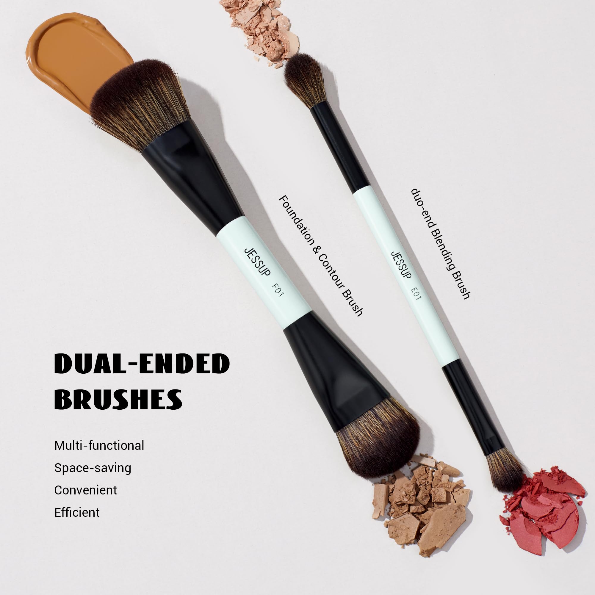 Jessup Makeup Brushes 2Pcs Double Sided Foundation Brush Contour Brush Dual Ended Eye Blending Brush, Multi-Functional Cosmetic
