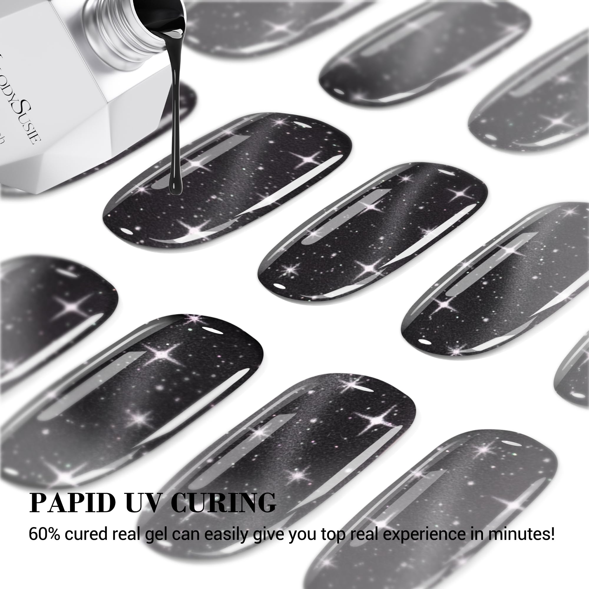 Melodysusie Semi Cured Gel Nail Strips (Black Stars)- Works With Nail Lamp, Salon-Quality, Long Lasting, Easy To Apply & Remove