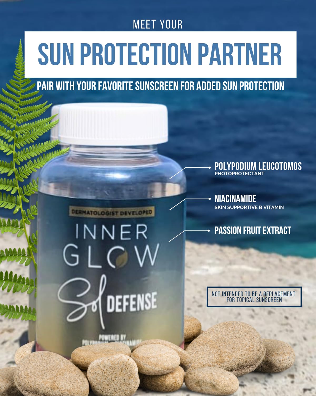 Inner Glow Sol Defense Gummies - Dermatologist and Plastic Surgeon developed to fight photoaging, Polypodium Leucotomos and Niac