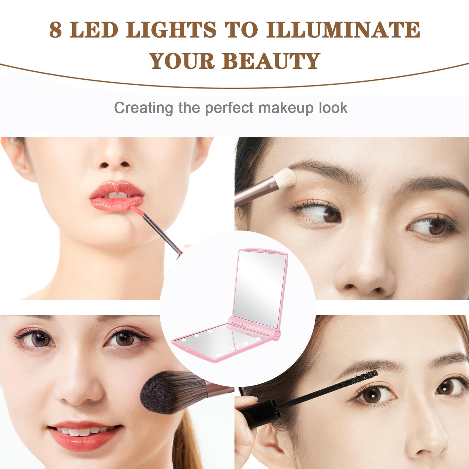YUNYILAN Compact Makeup Mirror, LED Lighted Makeup Mirror, Handheld & Portable for Travel & On The go (Pink-B)