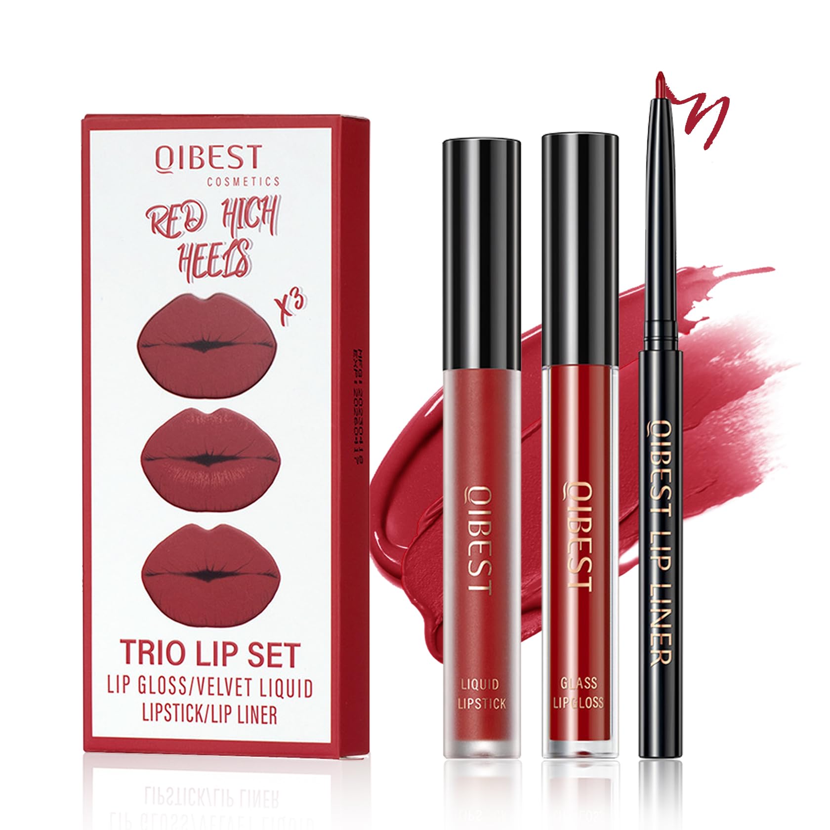 Qiufsse 3 In 1 Red Lip Liner And Lip Gloss Lipstick Set For Women Waterproof Lip Liner And Lipstick Combo Long-Lasting Smudge Pr