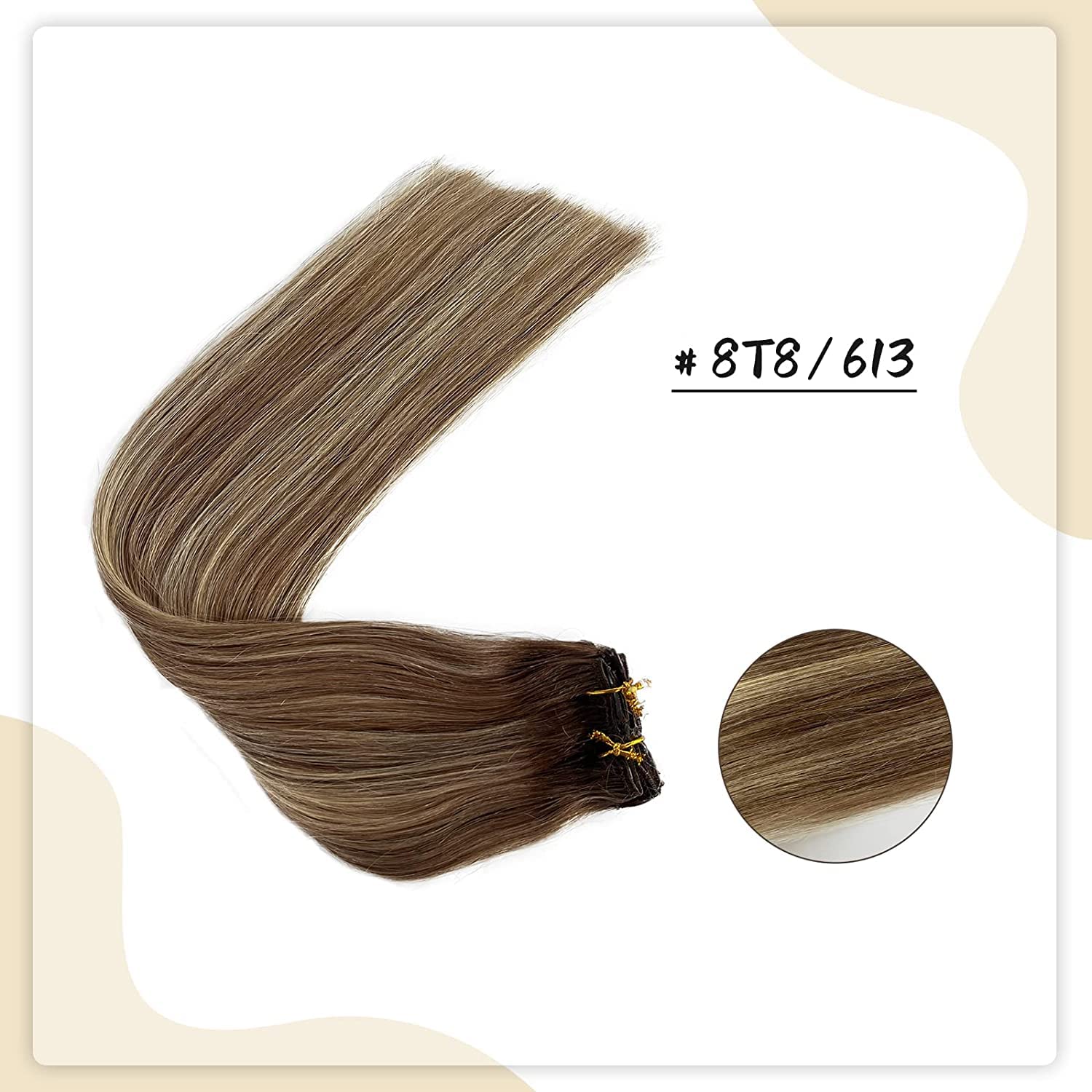 Clip In Human Hair Extensions, 16 Inch 70G 7Pcs Omber Ash Brown With Bleach Blonde Balayage Highlights 100% Real Human Hair Clip