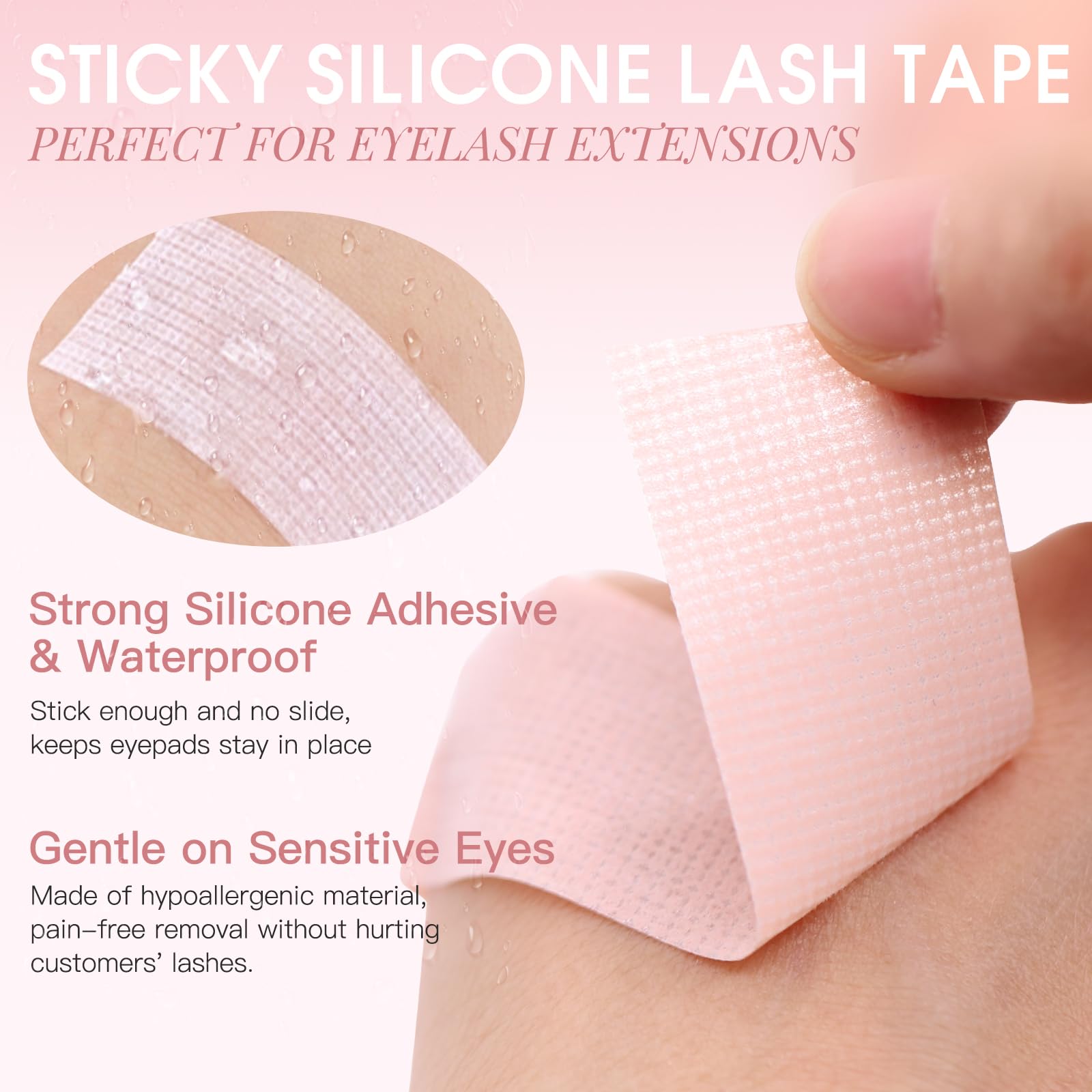 Miuffue Lash Tape, Sticky Silicone Adhesive Pain-Free Removal Eyelash Tape, Pink Sensitive Breathable Lash Tech Supplies, Medica