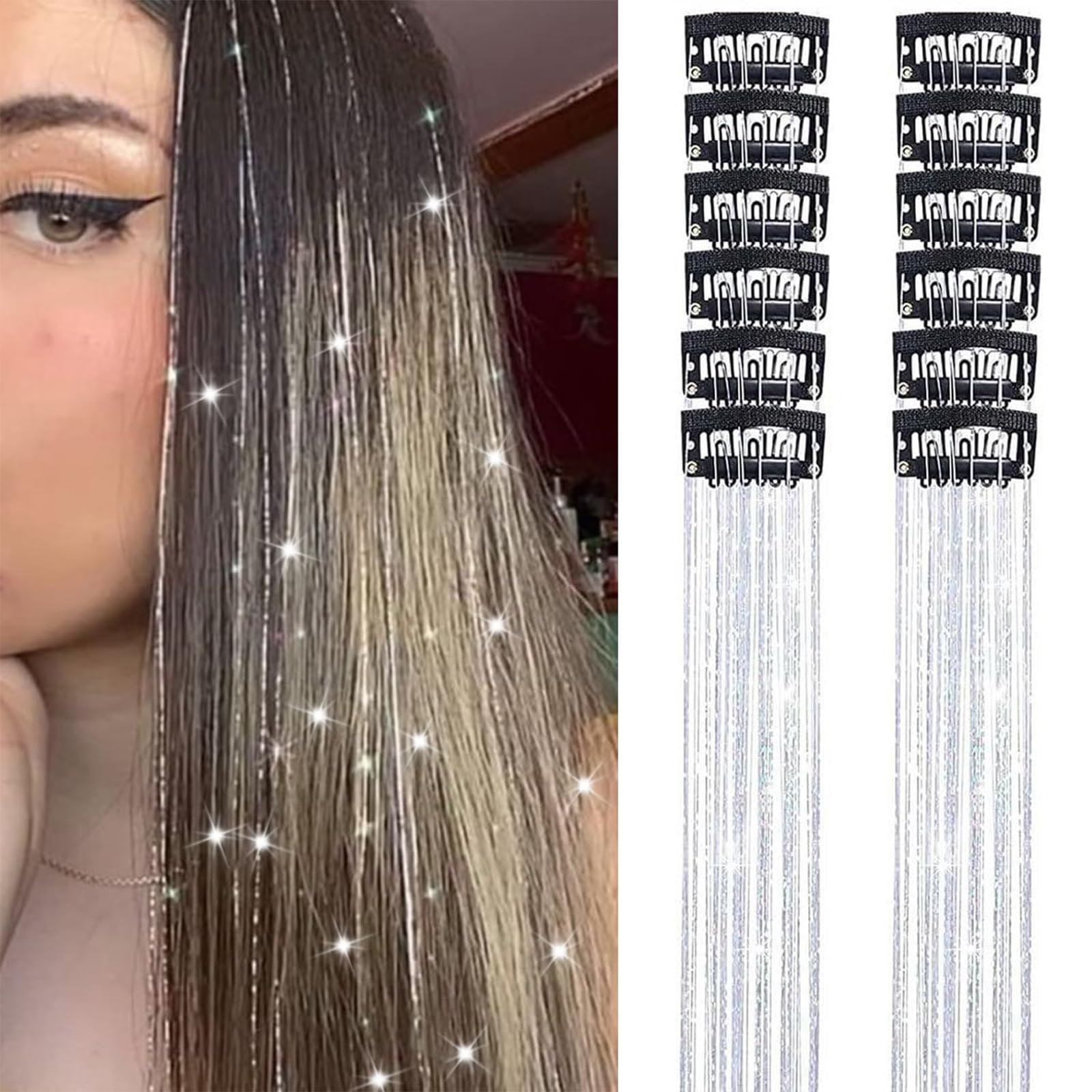 12Pcs Hair Tinsel, Hair Tinsels For Women, Tinsel Hair Extensions Glitter Clip-In Sparkling Hairs Accessories For Parties, Festi
