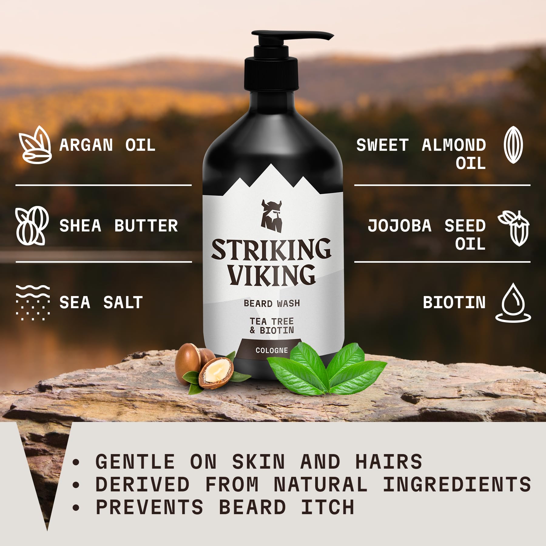 Striking Viking Beard Wash - 17 oz, Natural Tea Tree & Biotin - Cologne Scent Beard Shampoo Paraben & Sulfate Free For Men - Dee