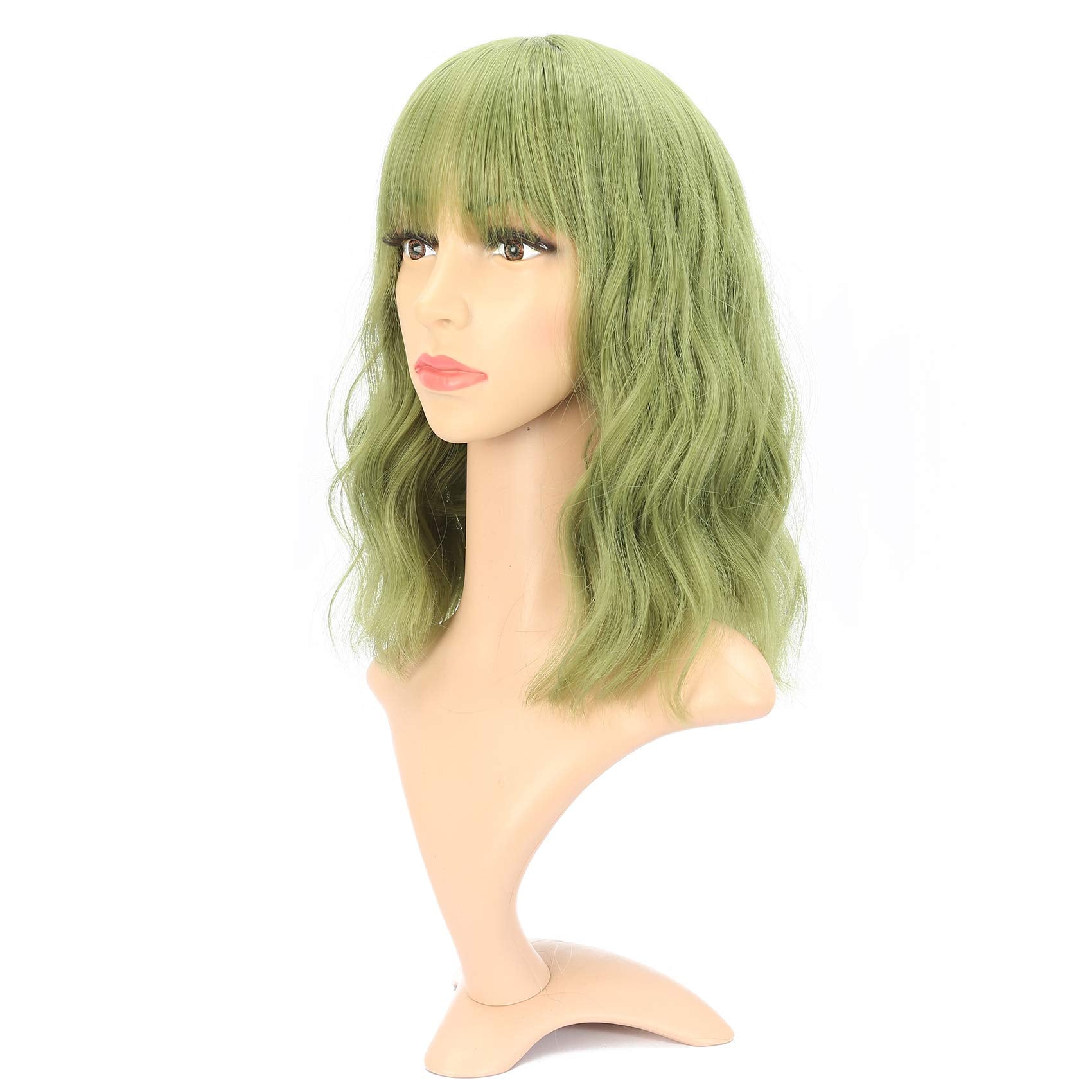 VCKOVCKO Natural Wavy Wig With Air Bangs Short Bob Matcha Green Wigs Women's Shoulder Length Wigs Curly Wavy Synthetic Cosplay W