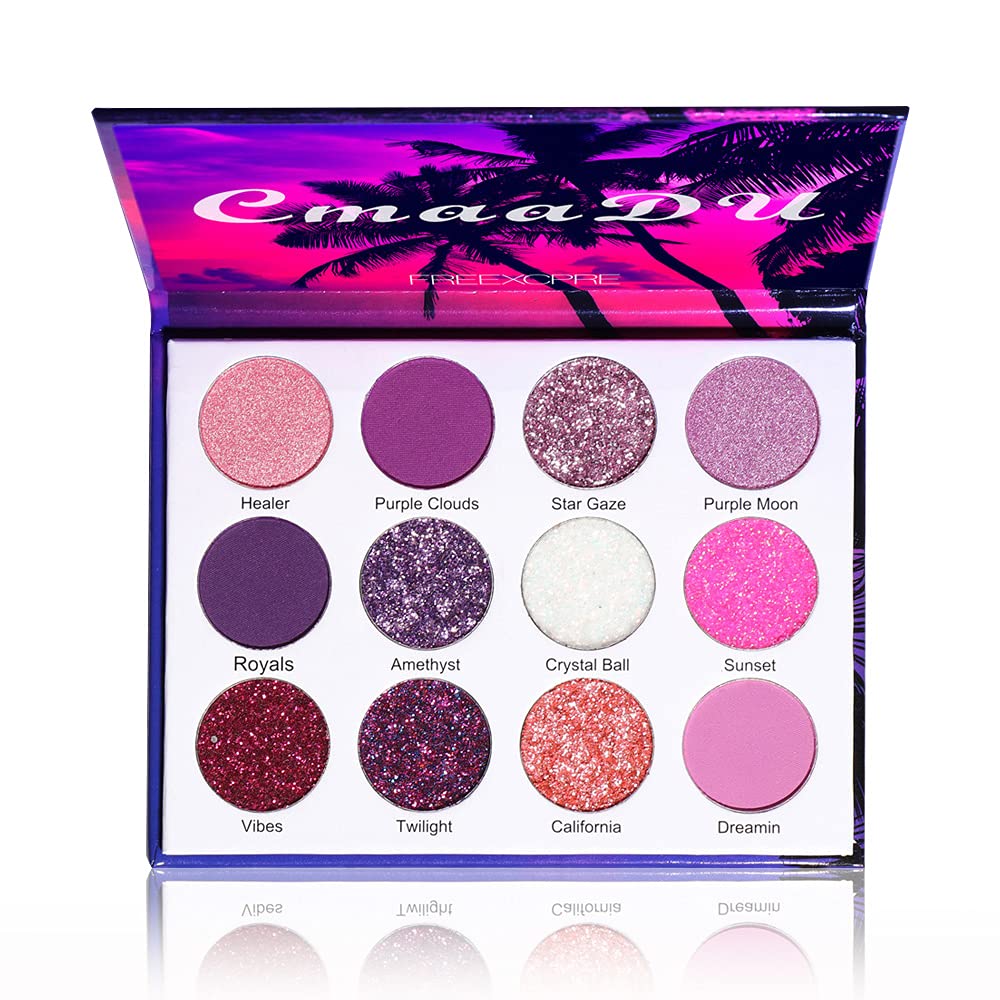 Yeweian Purple Pink Glitter Eyeshadow Palette, 12 Colors Shimmer High Pigmented Eyeshadow Powder,Dream Purple Pink Eyeshadow Pal