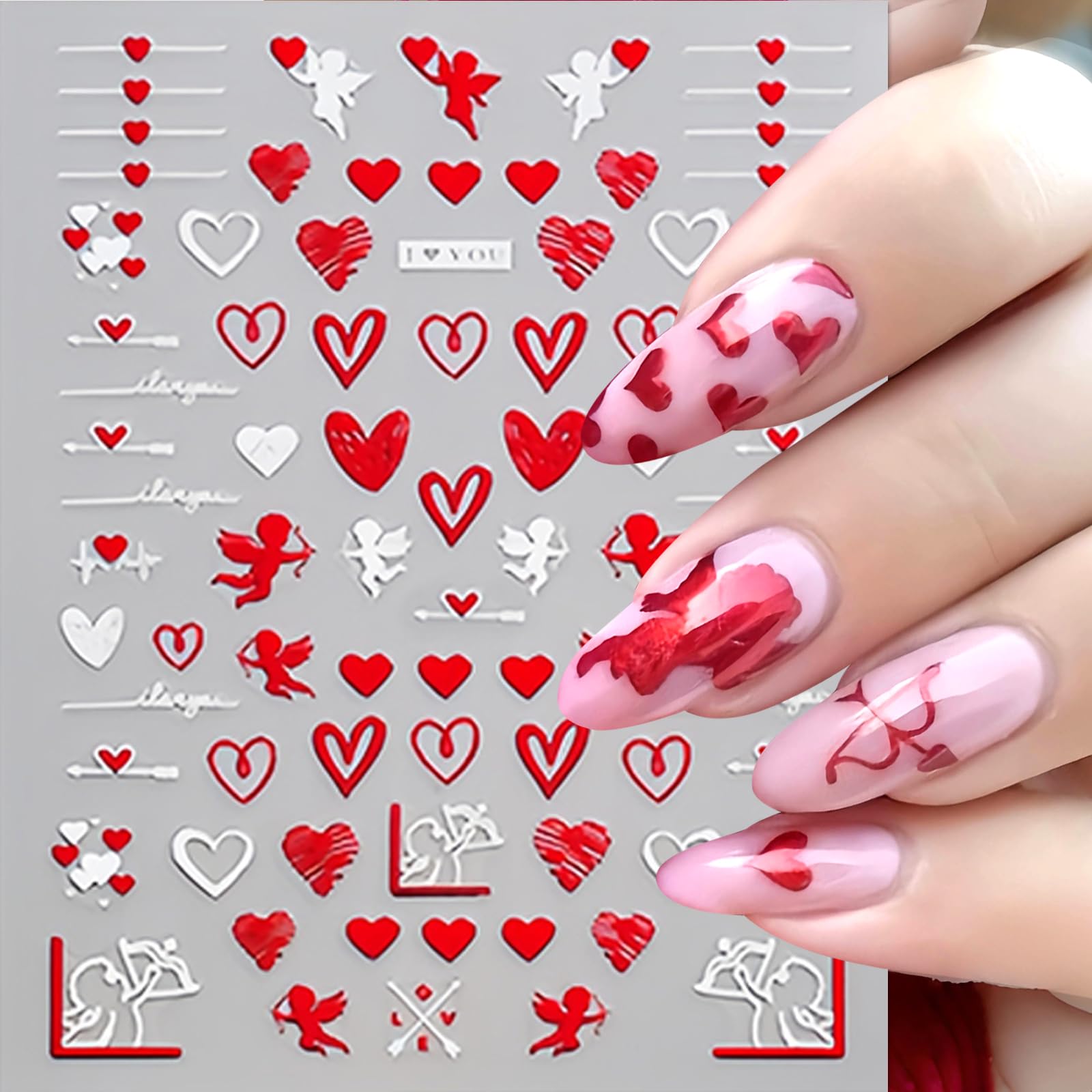 8Pcs Valentines Day Nail Art Stickers Decal Red Heart Nail Sticker 3D Self-Adhesive Red White Love Heart Letter Nail Design Vale