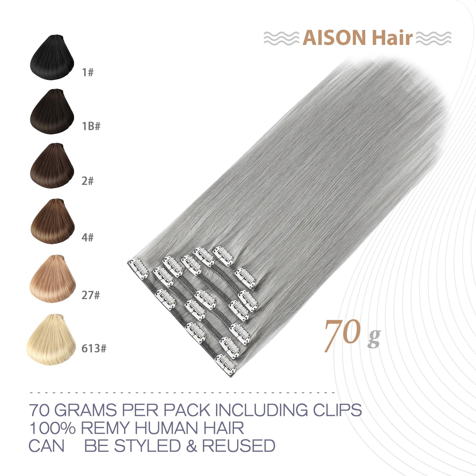 Aison Silver Clip In Hair Extensions Real Human Hair 70G Grey Remy Human Hair Clip In Extensions 18 Inch Soft Silky Straight For
