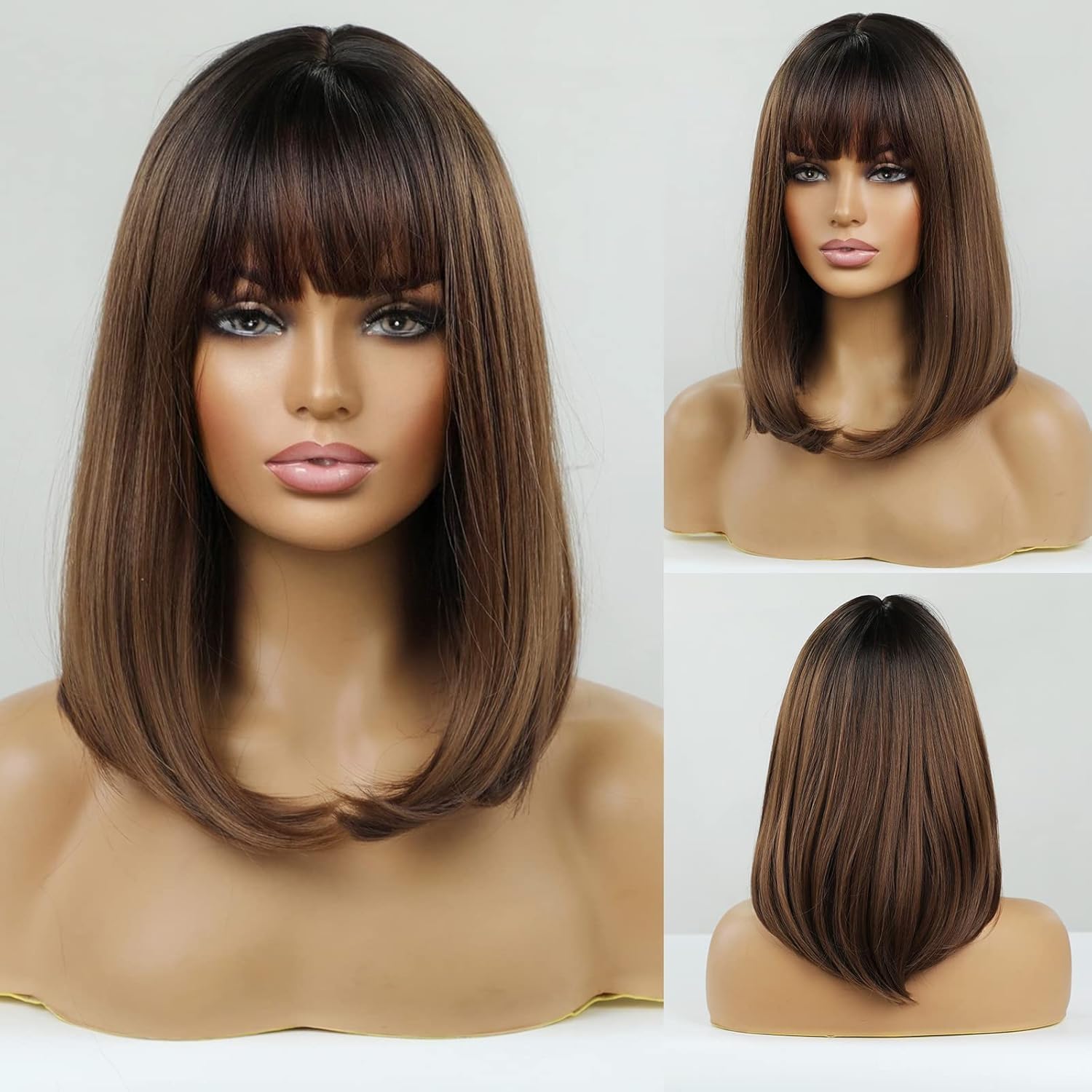 Emmor Brown Bob Wigs For Women Shoulder Length Synthetic Wig With Fringe Bangs High Heat Resistant Wig