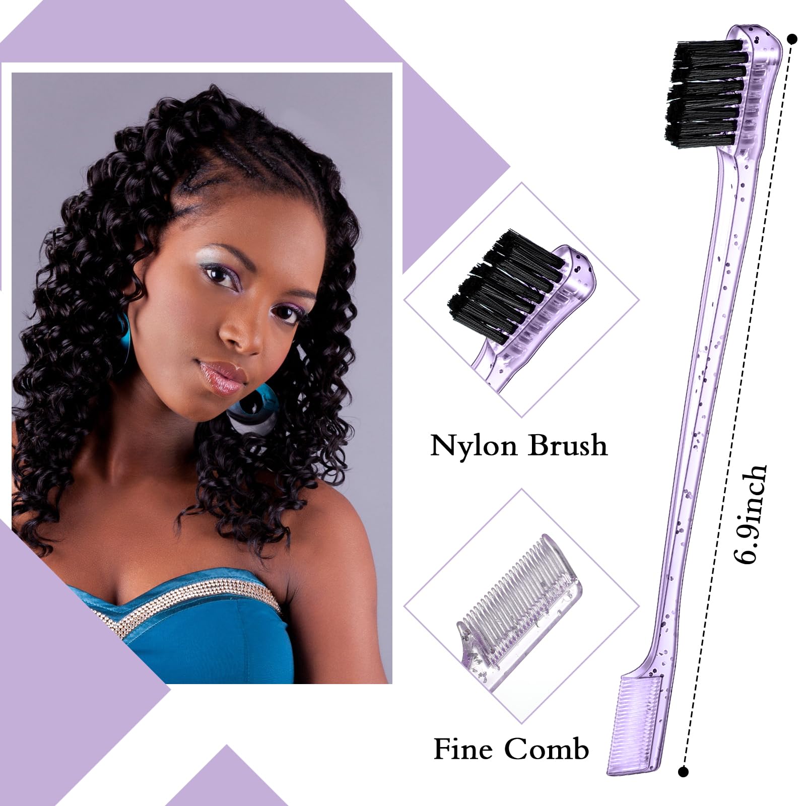 Geiserailie 3 Pcs Slick Back Hair Brush Set Bristle Brush Edge Control Teasing Comb For Women Black Hair(Clear Purple)