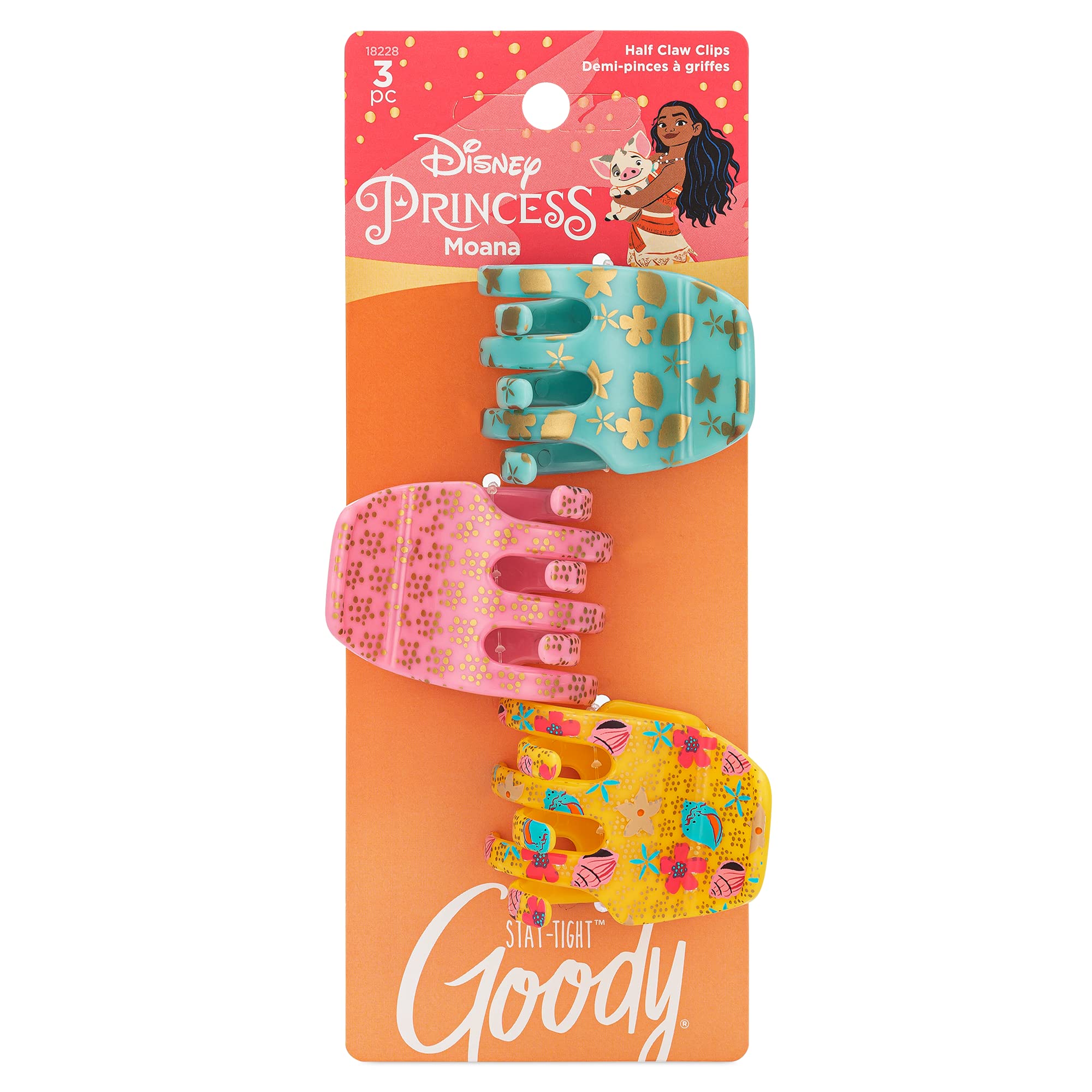 GOODY Classics Half Claw Clips - 3-Pack, Disney Princess, Moana - Great for Easily Pulling Up Your Hair - Pain-Free Hair Accesso