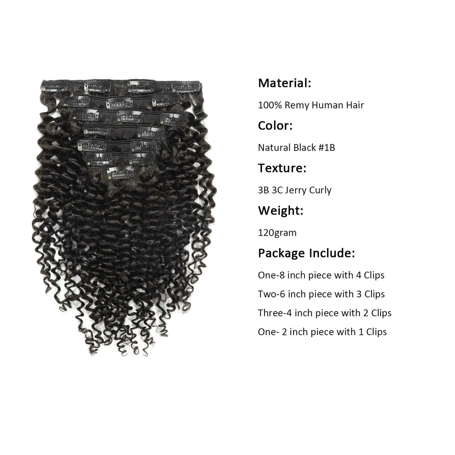 Anrosa Curly Hair Extensions Natural Black #1B Spiral Curly Hair Extensions Clip In Human Hair For Women 3B 3C Type Real Remy Ha