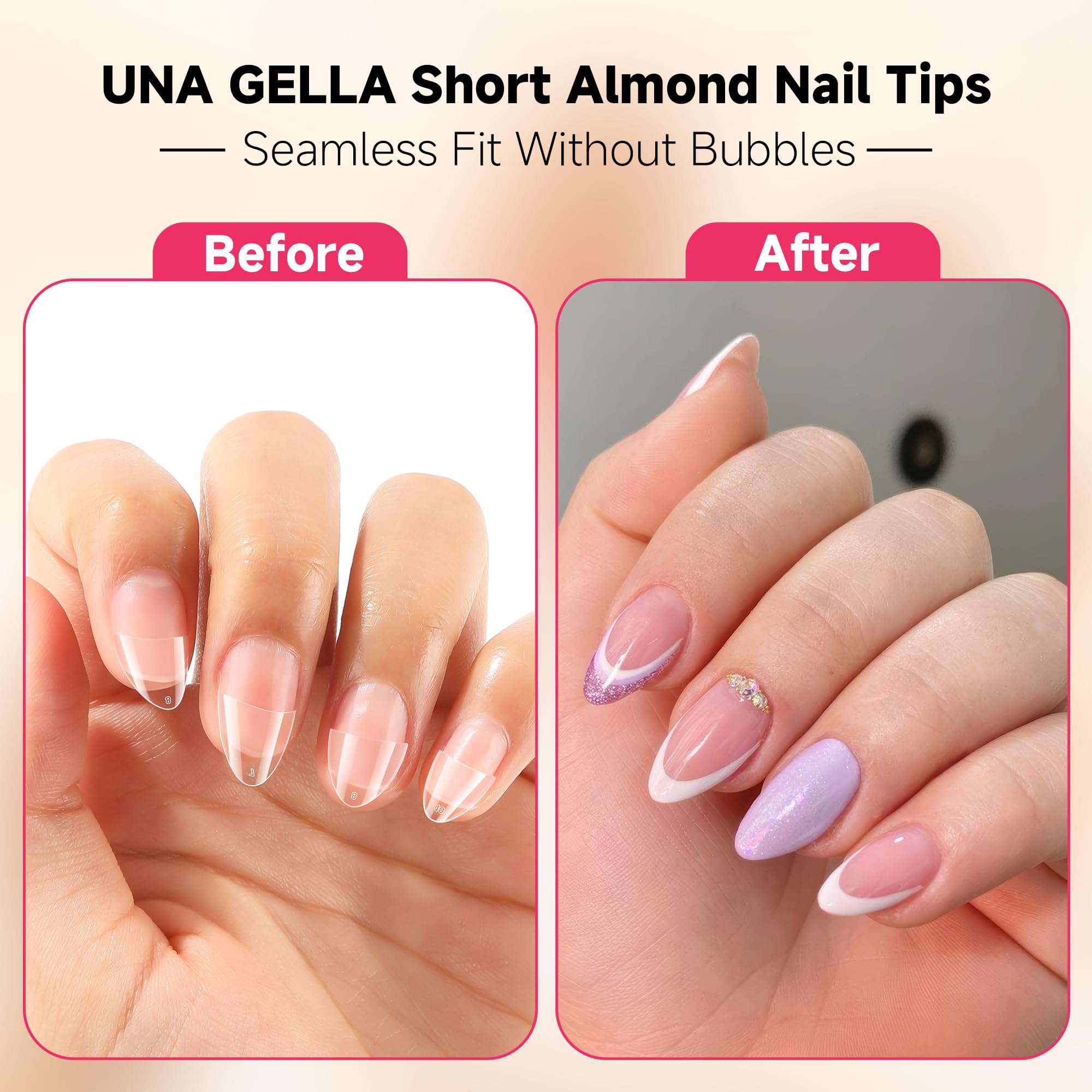 Una Gella Extra Short Almond Nail Tips Half Cover - Soft Gel Short Almond Shape Nail Tips Matte 216Pcs Clear Gelly Almond Gel X