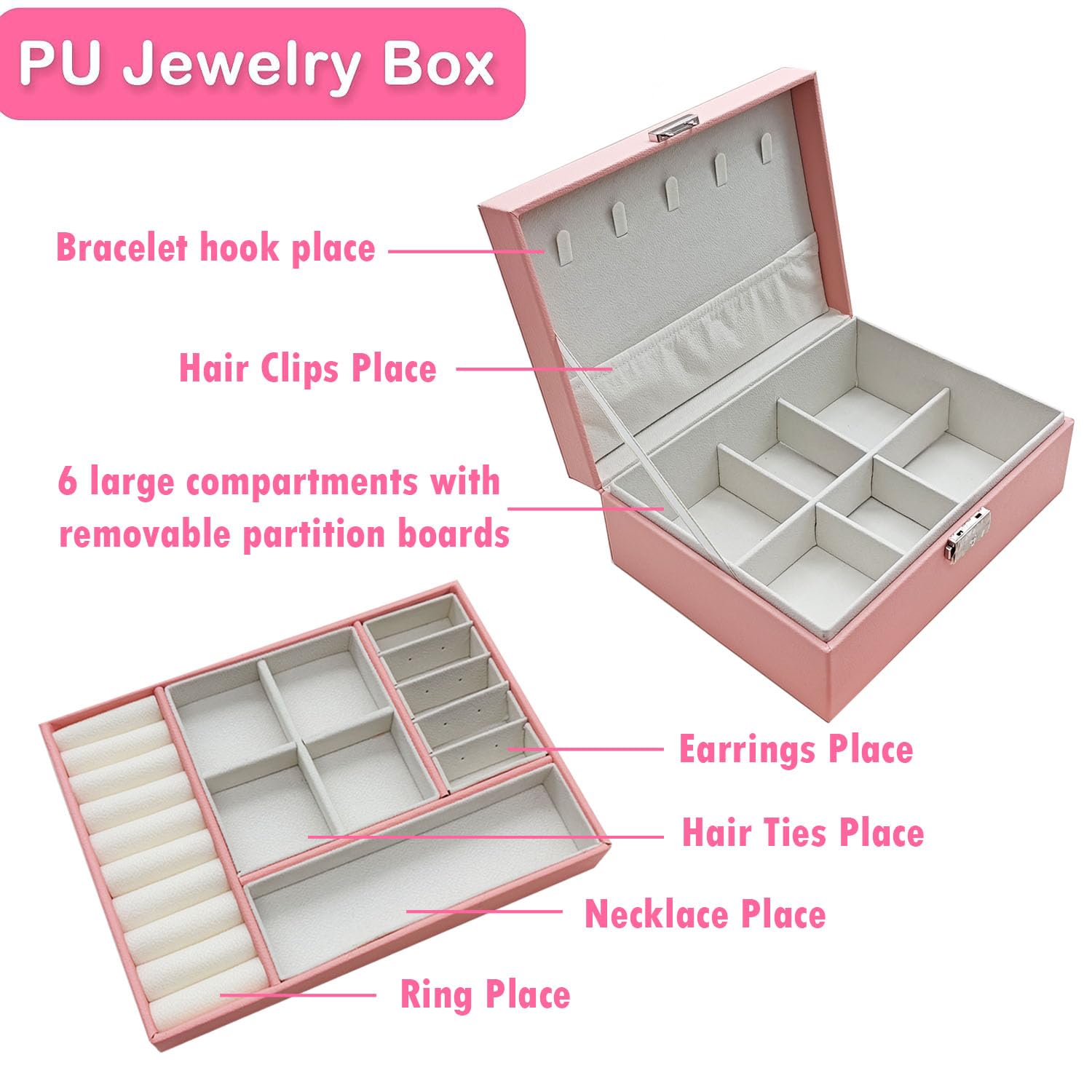 Jewelry Box With Hair Accessories For Girls, Hair Clips/Barrettes/Hair Ties/Bows/Toy Rings/Bracelets/Earrings/Hair Ropes/Hair El