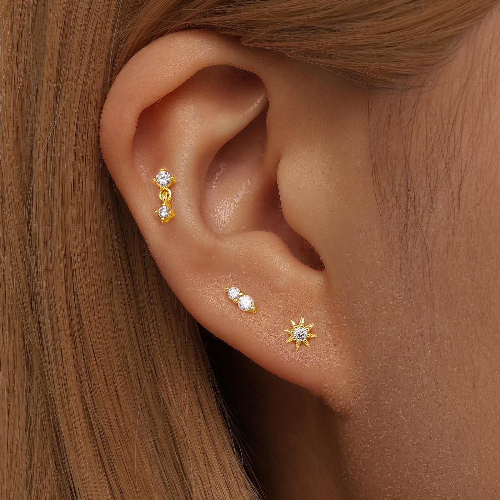 Angelady Flat Back Earrings for Women, 14K Gold Plated Flat Back Stud Earrings, Helix Cartilage Earrings Jewelry, 18G|20G Flatba