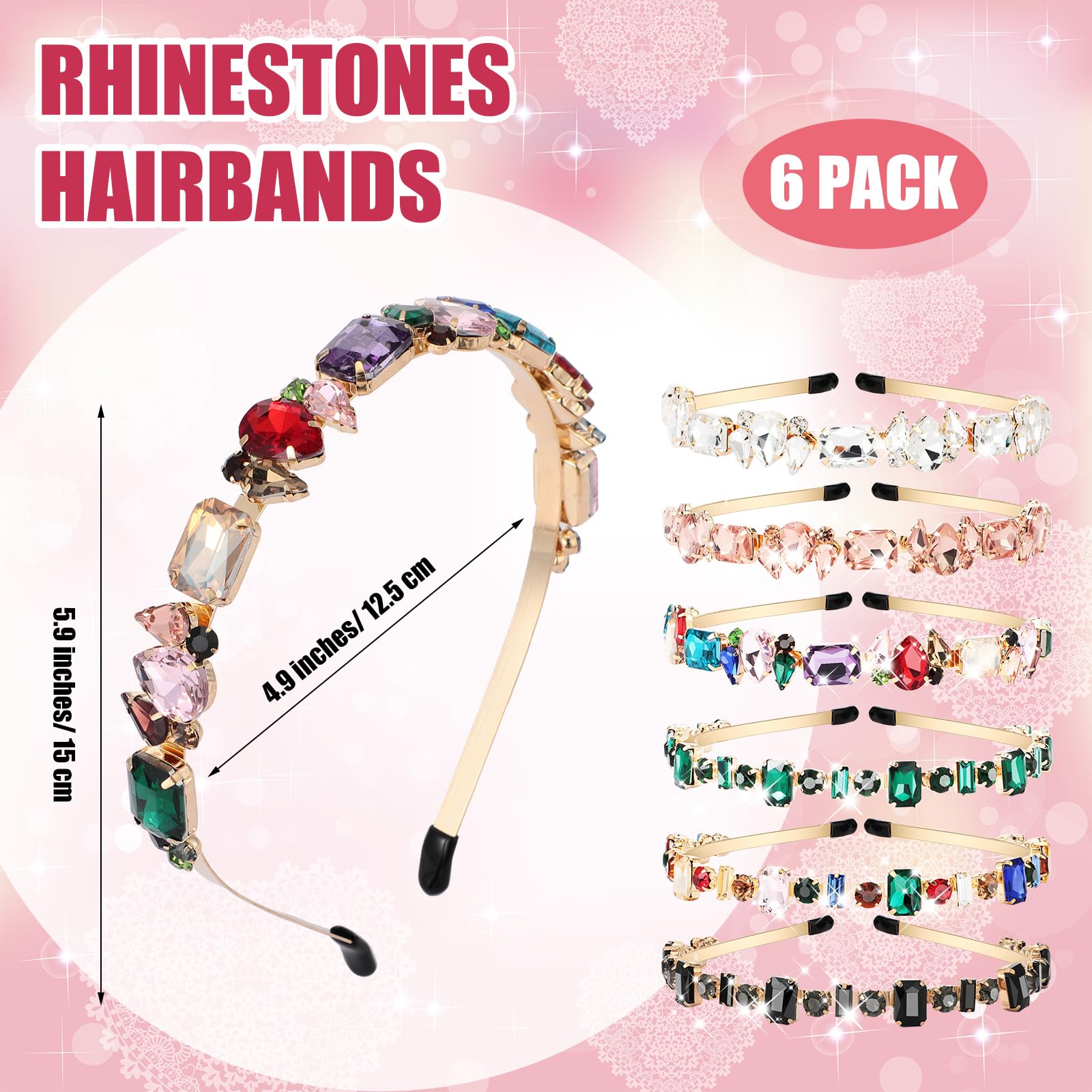 Crowye 6 Styles Rhinestone Headbands for Women Elastic Crystal Thin Head Bands Bling Jeweled Headbands Colorful Vintage Headband