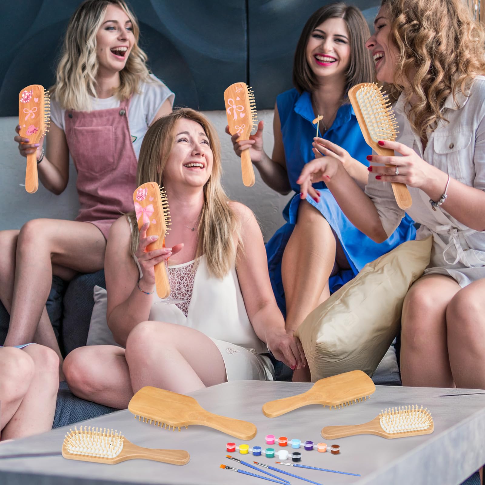 Meanplan 16 Set DIY Wooden Hairbrush Painting Kits Make Your Own Hair Brush Hand-Painted Hairbrush Night Party Supplies with Pai