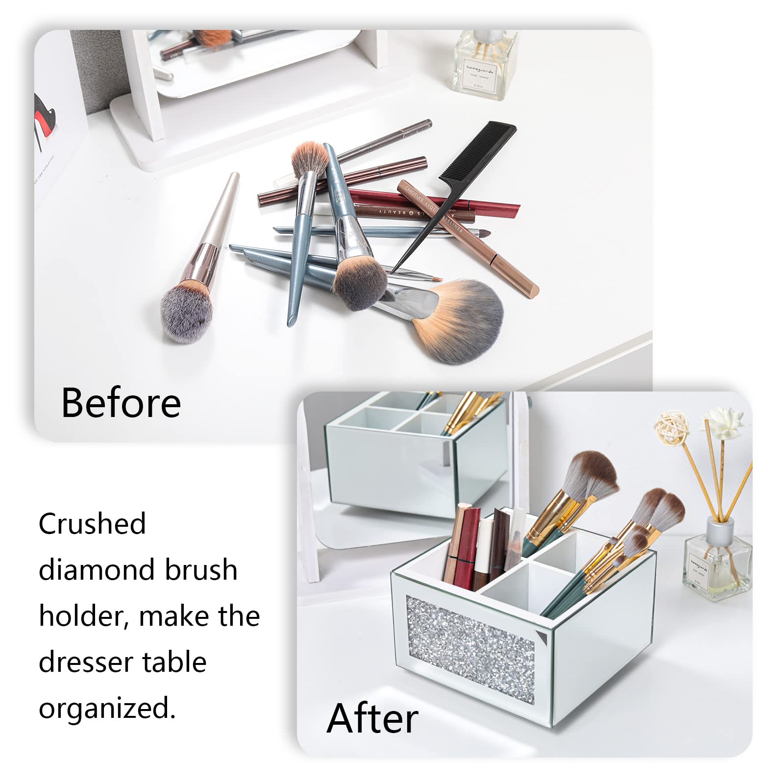 SWTHONY 360 Rotating Makeup Brush Holder Organizer, Silver Bling 4 Slot Crushed Diamond Glass Mirrored Cosmetic Brushes Storage,