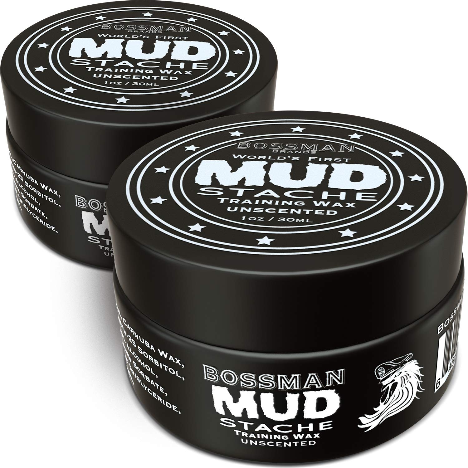 Bossman MUDstache Unscented Mustache Wax - 2 Pack - No Pull - Spreads Easy for a Strong Non-Tacky 24 hr Hold - Tame, Train and S