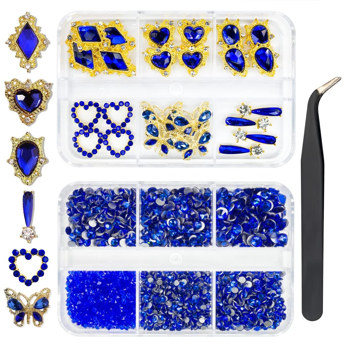 24pcs Blue Luxury Nail Charms +2000pcs Sapphire Rhinestones 3D Big Nail Gems K9 Glass Royal Blue Nail Crystals Diamonds Jewelry 