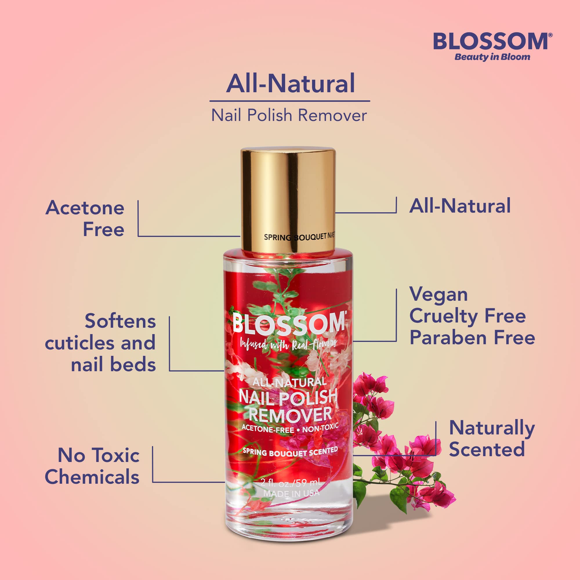 Blossom All Natural, Scented, Organic Plant-Based, Vegan, Cruelty Free, Acetone Free Nail Polish Remover, Infused With Real Flow