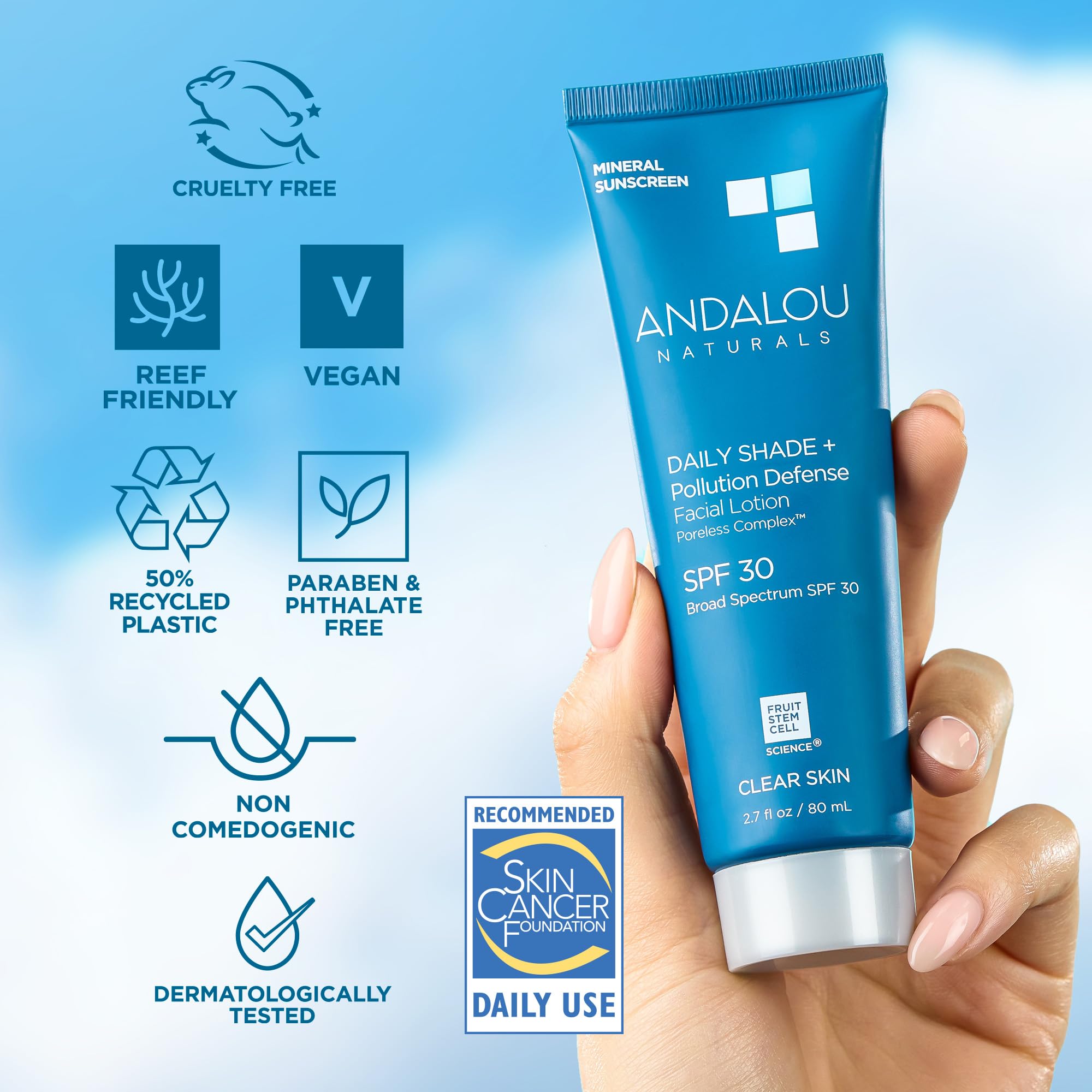 Andalou Naturals Daily Shade Face Sunscreen, SPF 30 Zinc Oxide Mineral Sunscreen, Sun + Pollution Defense Face Lotion, Helps Min