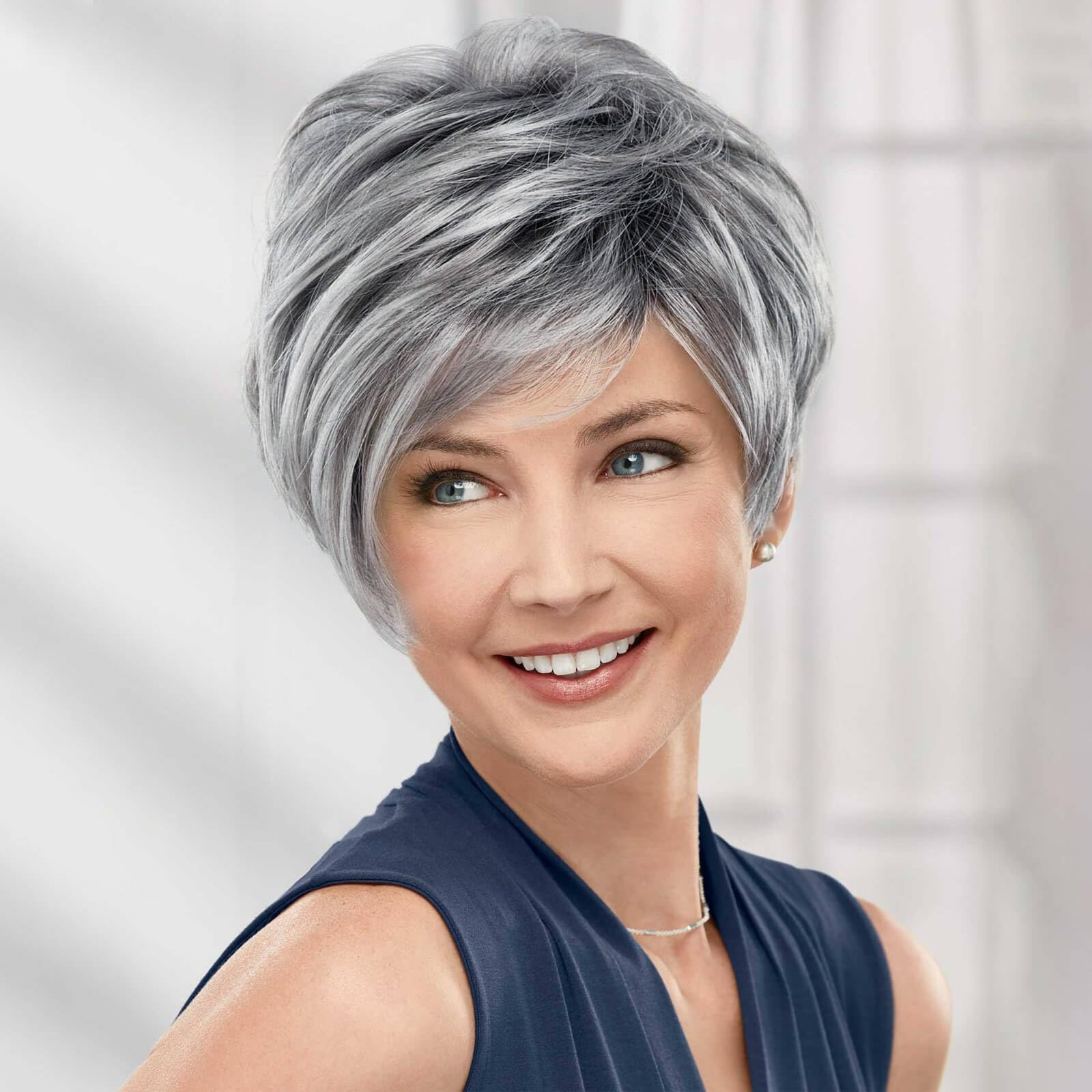 Creamily Pixie Cut Short Grey Wigs with Bangs Natural Fluffy Synthetic Hair Wigs for Women Gray Hair Replacement Wigs Mommy Wig 