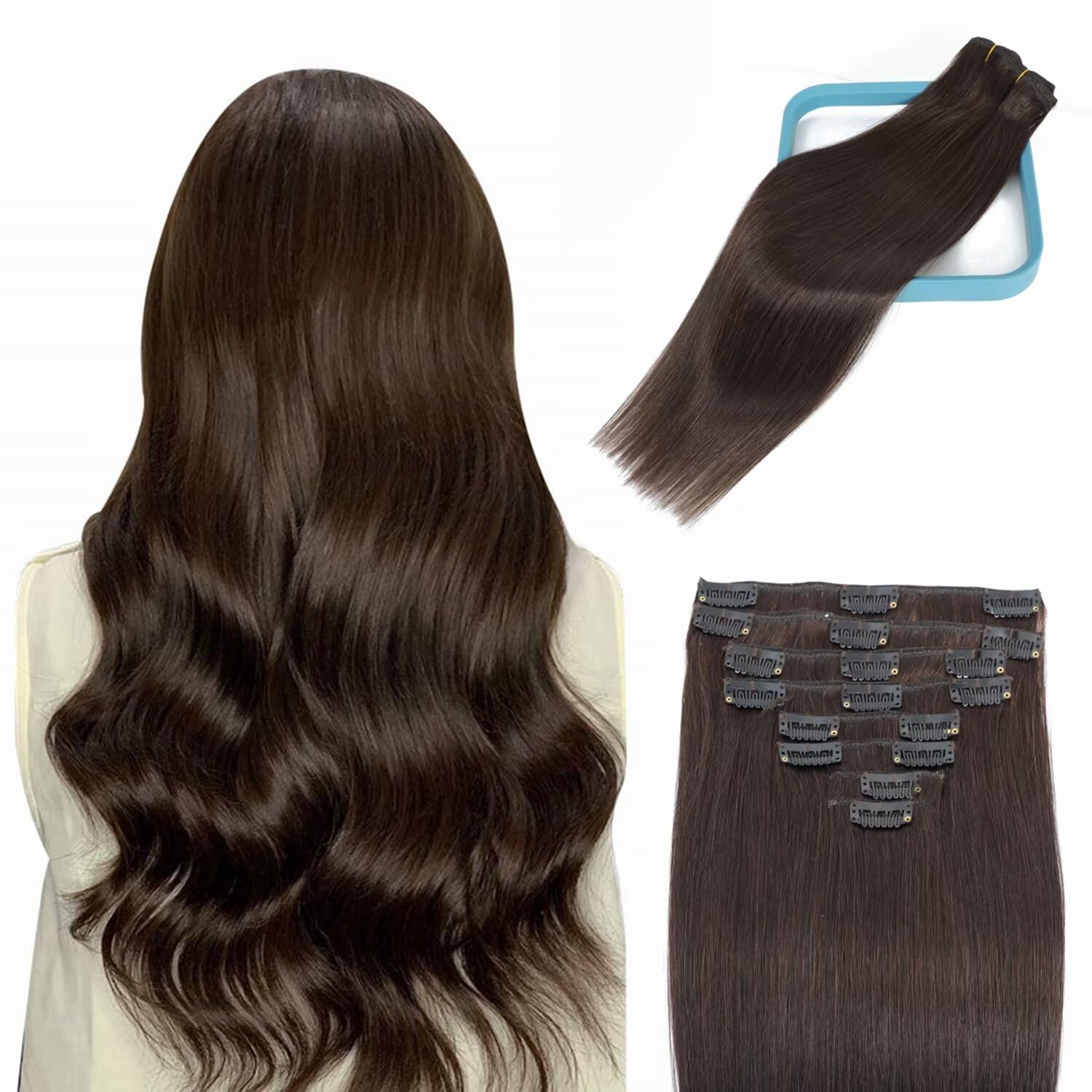 LORIEN Clip in Hair Extensions Real Human Hair, 16 Inch 90g, 2 Darkest Brown, Clip in 100% Brazilian Remy Human Hair Extensions 