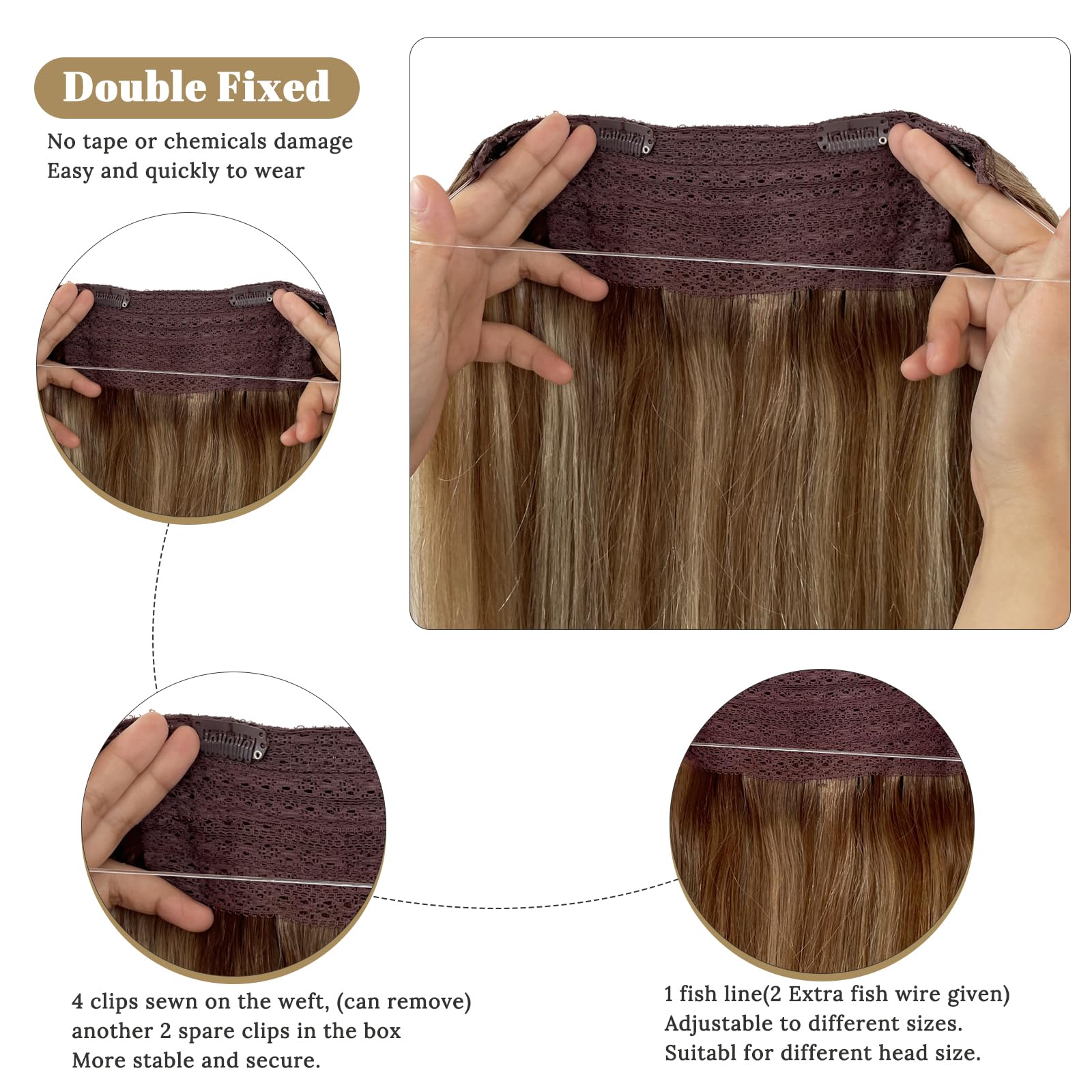 Ombre Halos Human Hair Extensions With Clip Ins One Piece Hair Extensions With Secret Wire Dark Brown Balayage Light Brown With