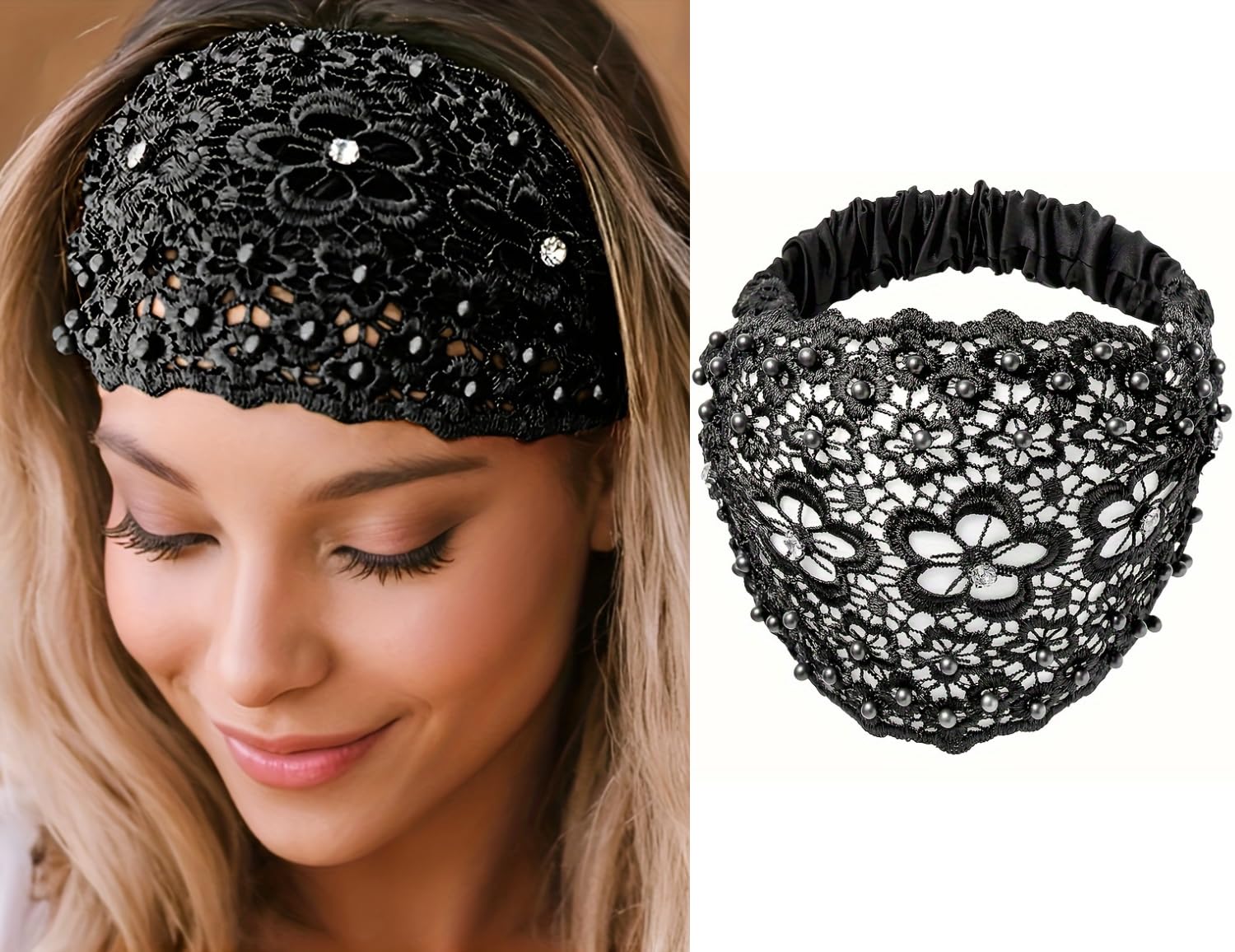 KickZu Lace Headbands for Women, Wide Floral Pearl Lace Elastic Head Bands, Bandanas for Hair, Head Cover for Women, Hair Band f