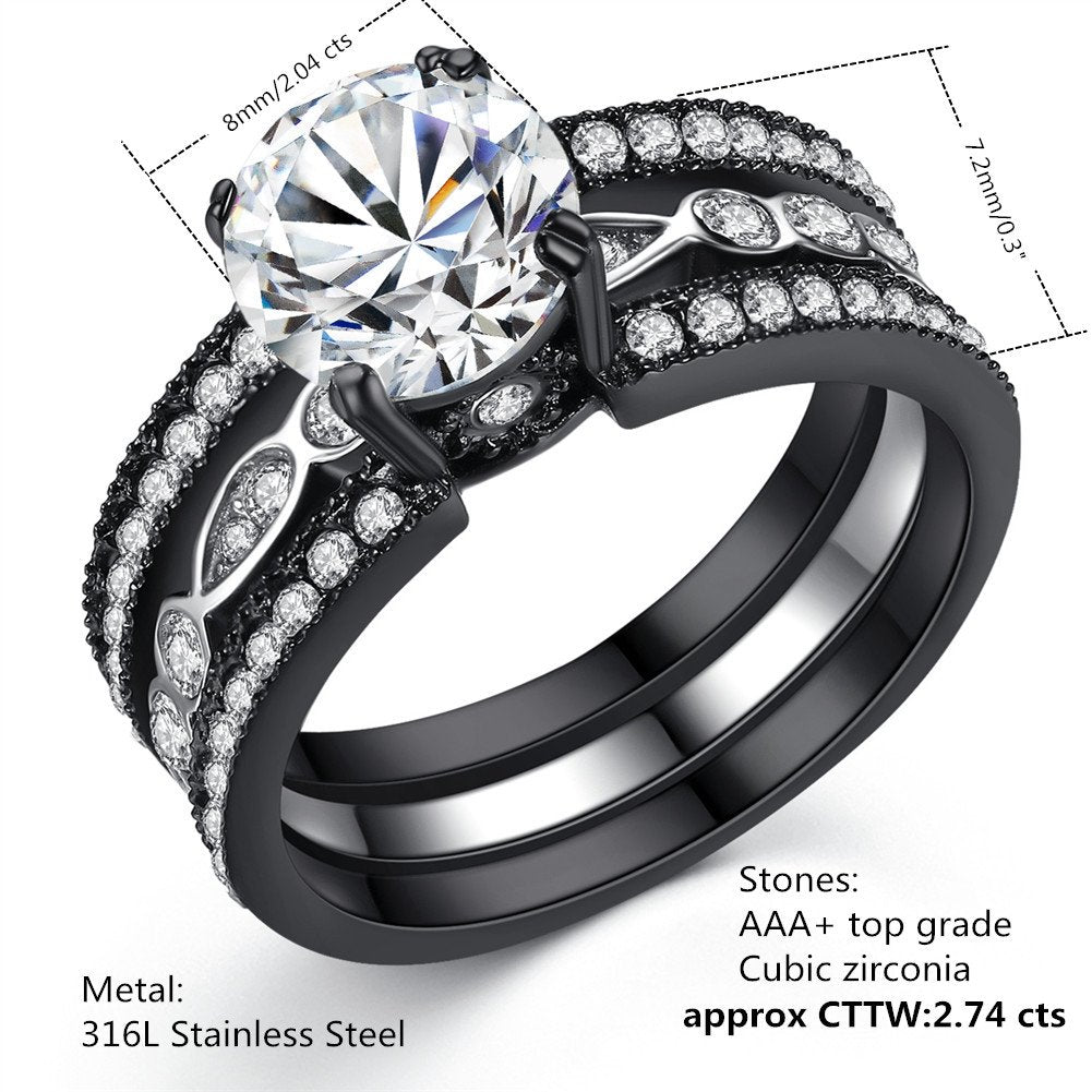 MABELLA Couple Rings Black Mens Titanium Matching Band Women CZ Stainless Steel Engagement Wedding Sets Size Women 7 Men 10