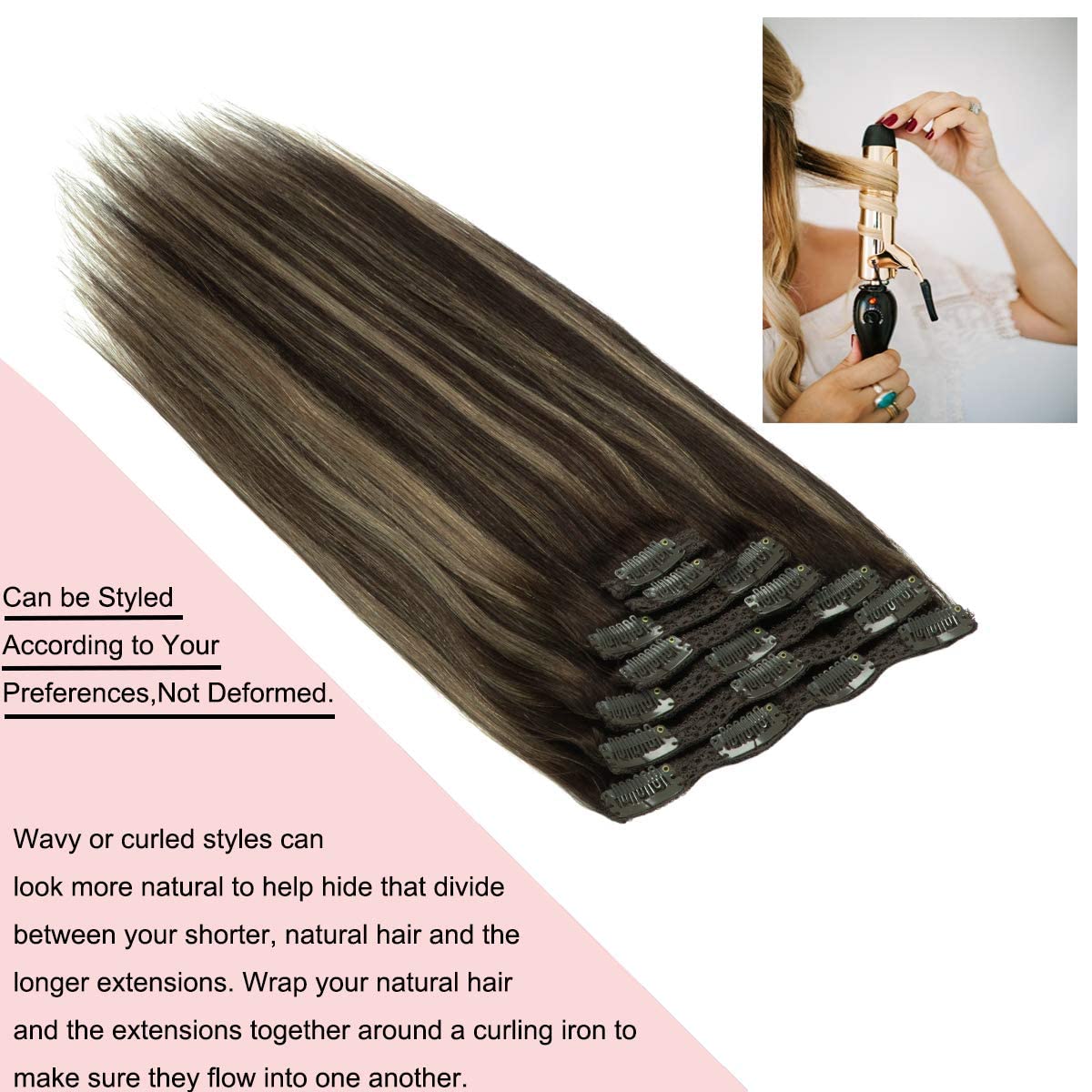 Loxxy Clip In Hair Extensions Real Human Hair Ombre Chestnut Brown Mixed Dark Brown With Dark Brown Roots Double Weft Remy Hair