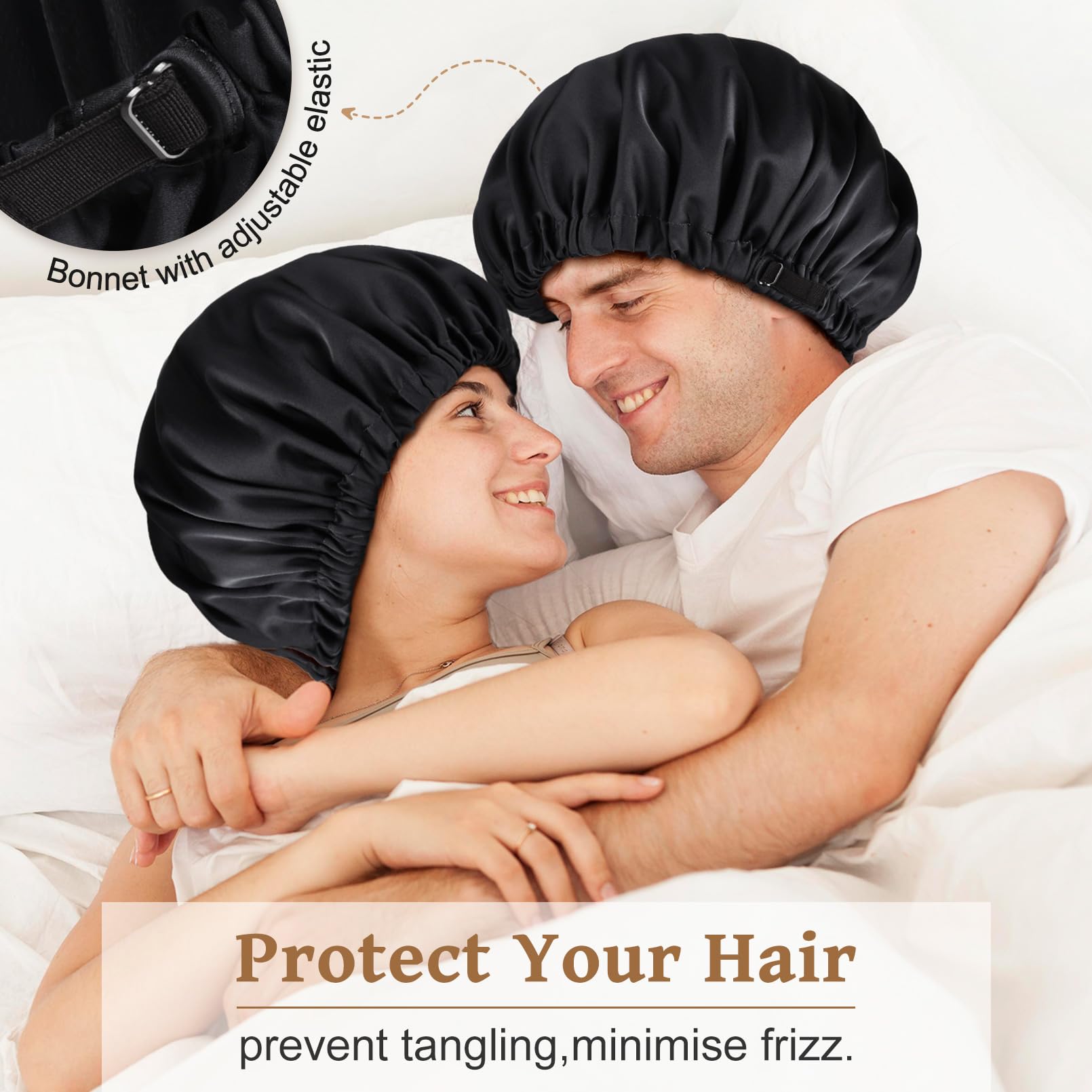 Aileam Silk Satin Hair Bonnets - Double Layer, Adjustable, Large Size, Black/Black