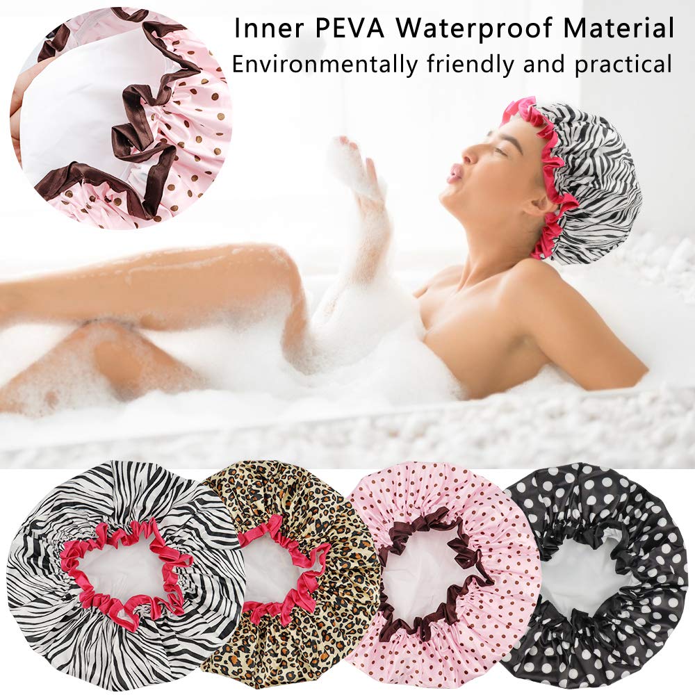 Tcotbe 4 Pieces Shower Cap For Women, Elastic And Reusable, Environmental Protection Hair Bath Caps, Double Waterproof Layers Ba