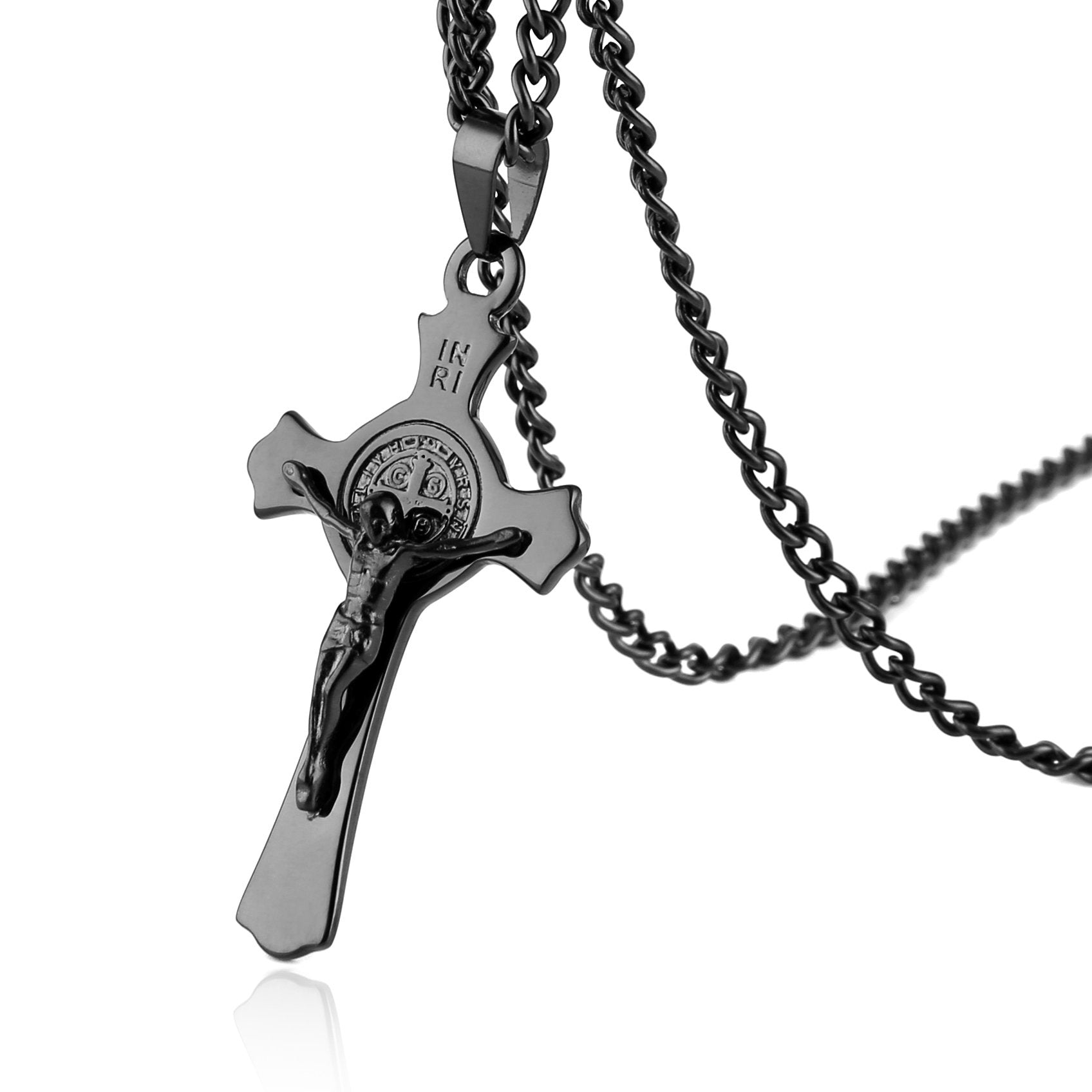 HZMAN Stainless Steel Saint St St. Benedict Crucifix Cross Pendants Necklace INRI (Black)