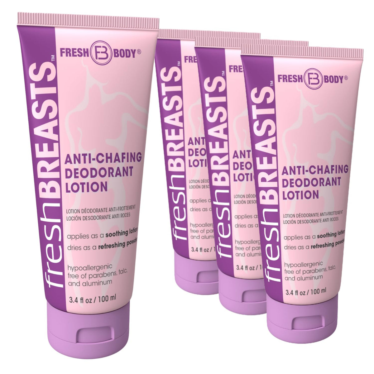 Fresh Body Fb Fresh Breasts Anti-Chafing Deodorant Lotion To Powder, 3.4 Fl Oz (4 Pack) Anti Chafe Cream Whole Body Deodorant Fo