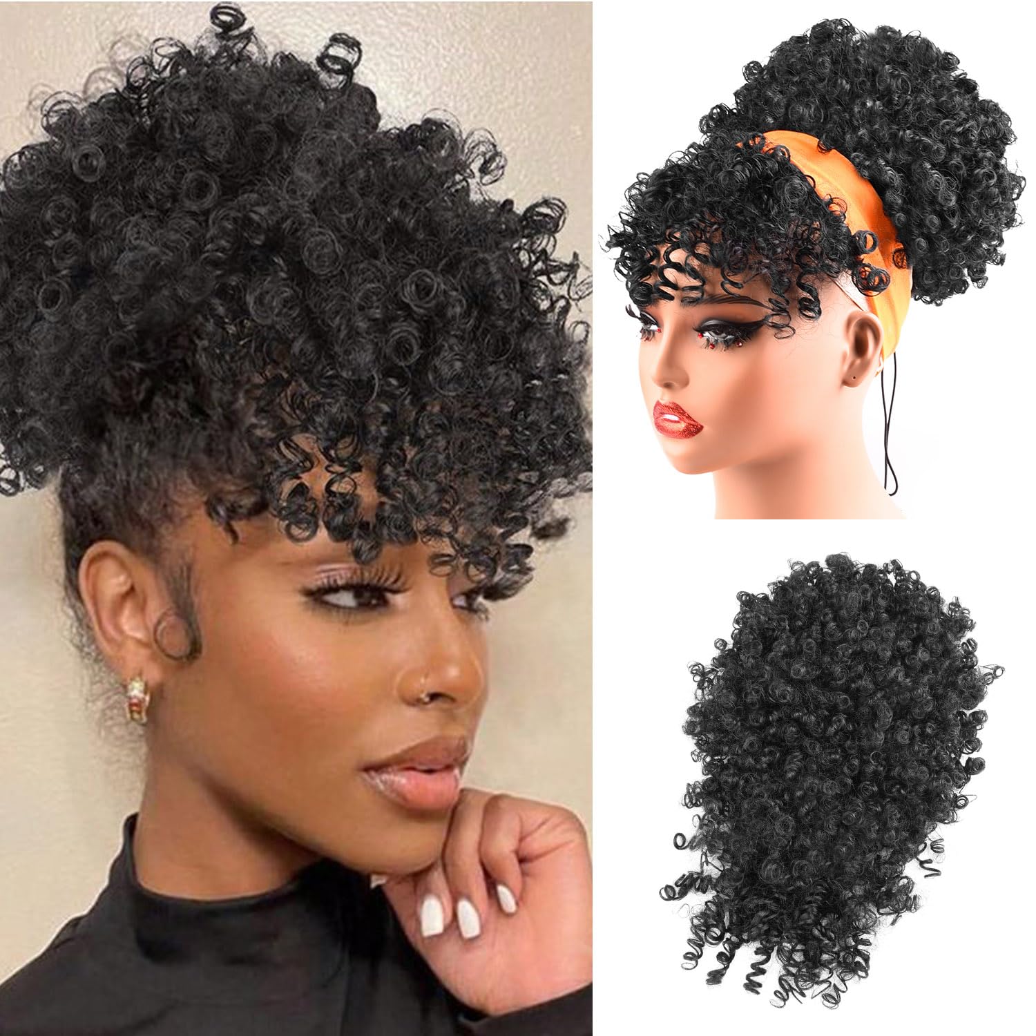 Drawstring Ponytail for Black Women, Afro Puff Kinky Curly Hair Ponytail Extension with Bangs Updo Natural Hair Ponytail