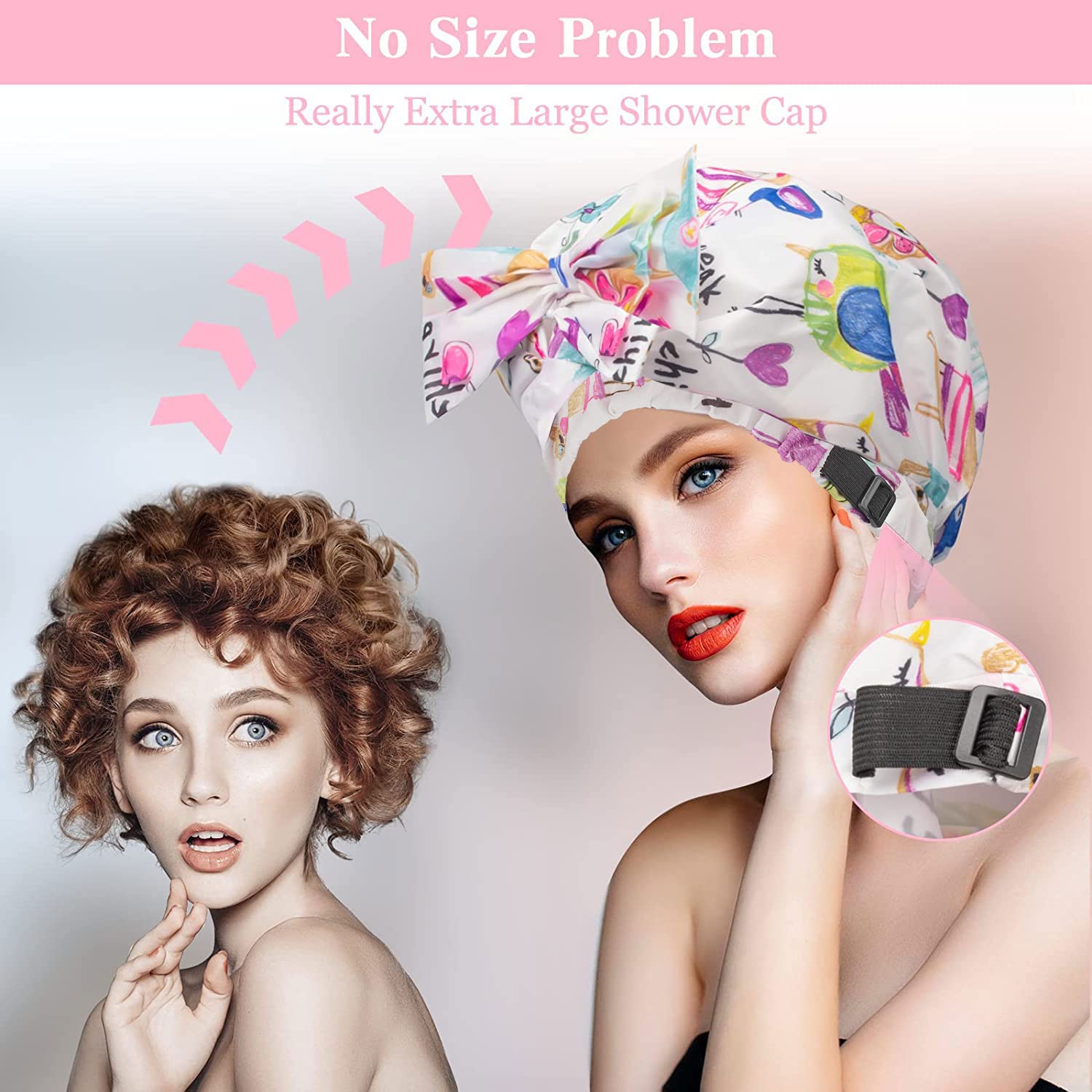 2 Pcs Shower Caps, Reusable & Extra Large & Adjustable & Double Layer Waterproof Bow Knot Hair Reusable Cap For Women, Waterproo