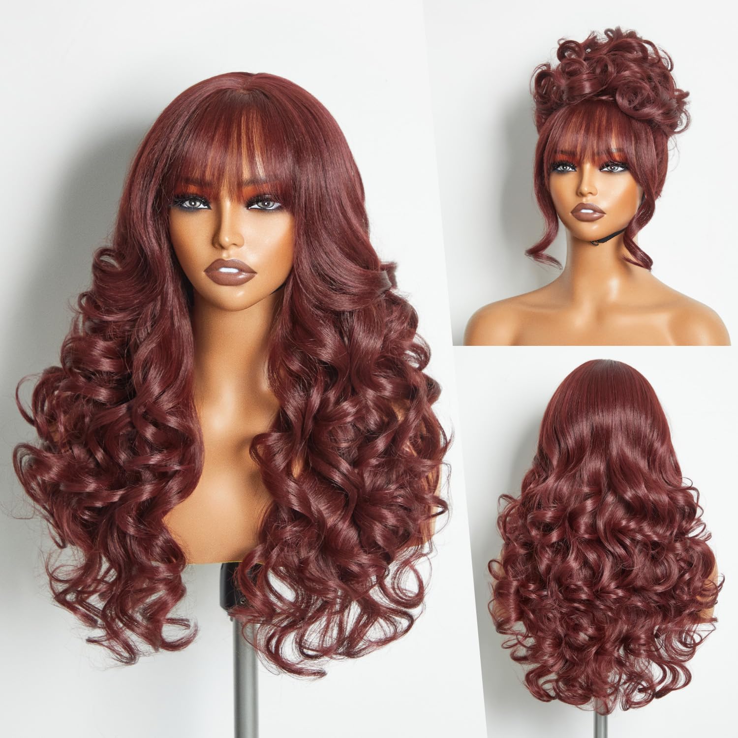 GORGIUS Glueless Wigs with Bang Body Wave Wig Long Natural Burgundy Color Wavy Wig Crafted with Style-Archive Technology: Premiu