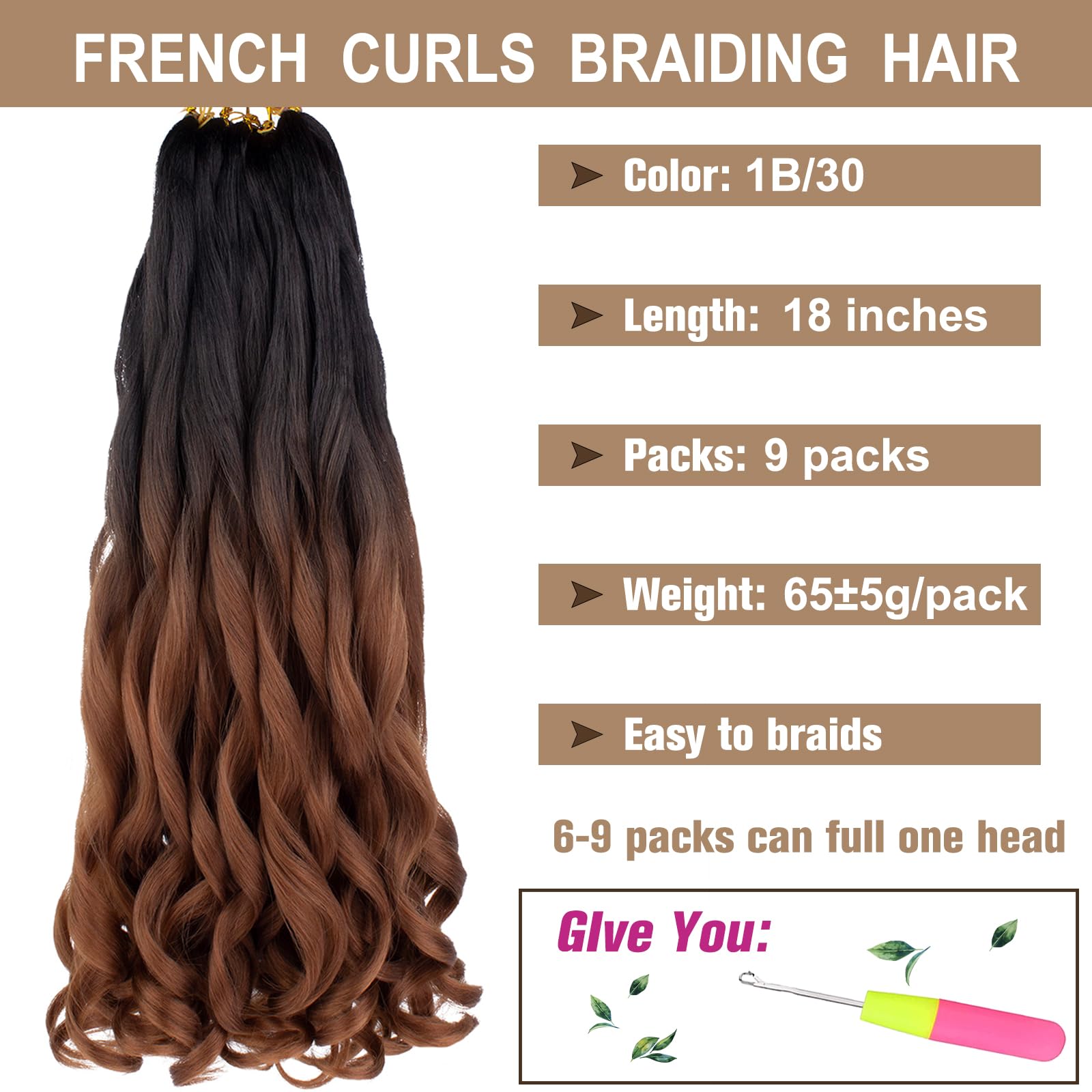 Cookoo 9 Pcs Pre Stretched French Curly Braiding Hair 18 Inch Ombre Brown Braiding Hair For Women Bouncy French Curl Hair Spanis
