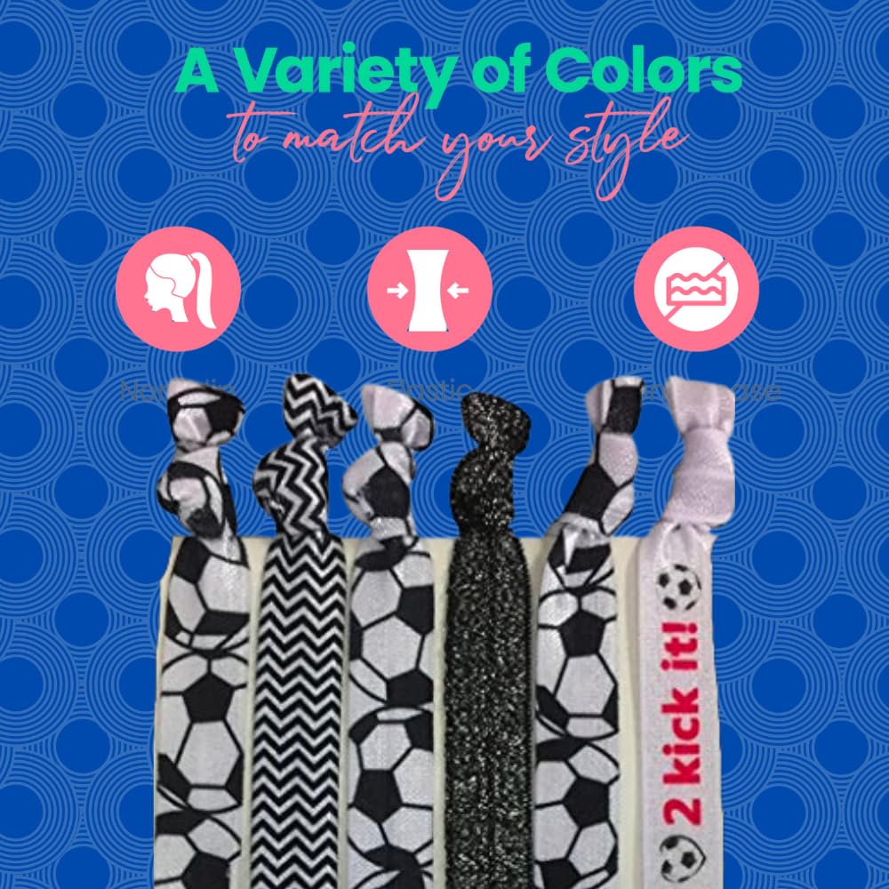 SportyBella Soccer Hair Accessories - No Crease Elastic Hair Ties, Ideal Gift for Girls Soccer Players (6pcs)