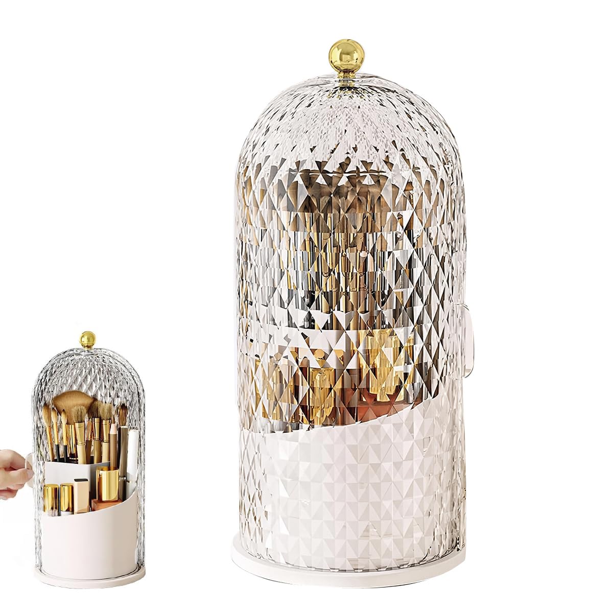 Maycreate Makeup Brush Holder With Lid, 360 Rotating Clear Dustproof Skincare Cosmetic Tools Storage Organizer For Vanity Deskto