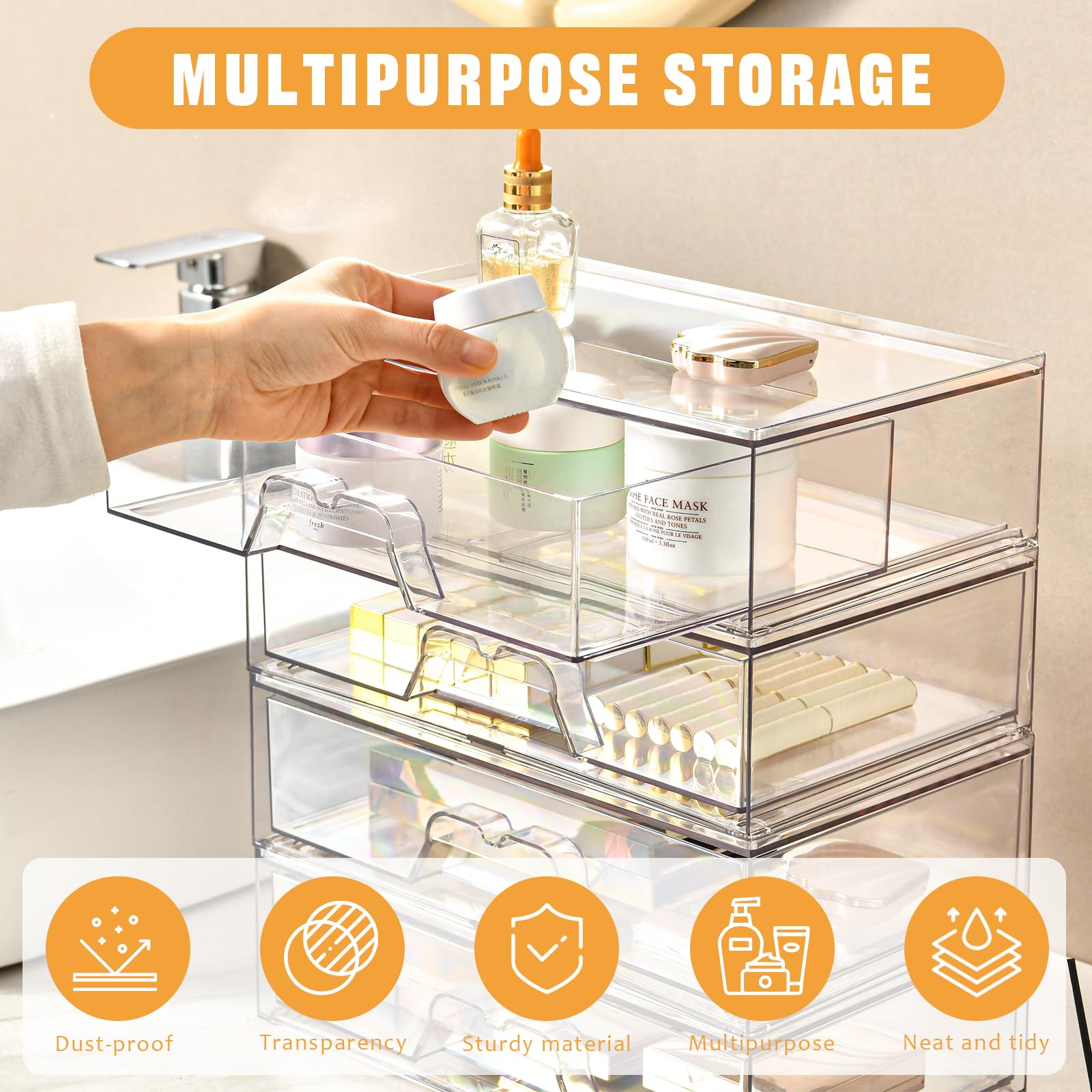 3 Pack Stackable Makeup Organizer, 12.1''L Acrylic Bathroom Organizer and Storage Undersink Drawer, Cosmetics and Beauty Supplie