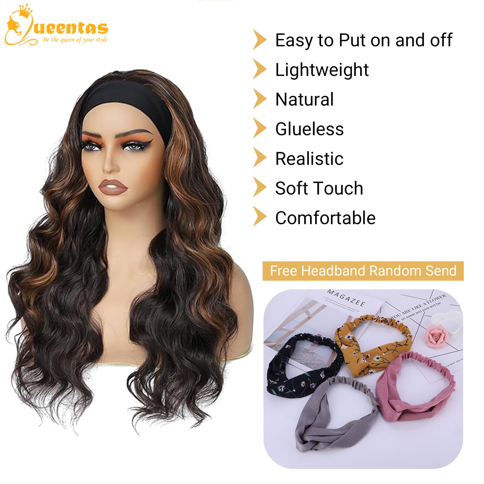 QUEENTAS 27 Long Wavy Headband Wigs for Women Black Mixed Dark Brown with Blonde Highlight Curly Headband Wig Easy Wear Syntheti